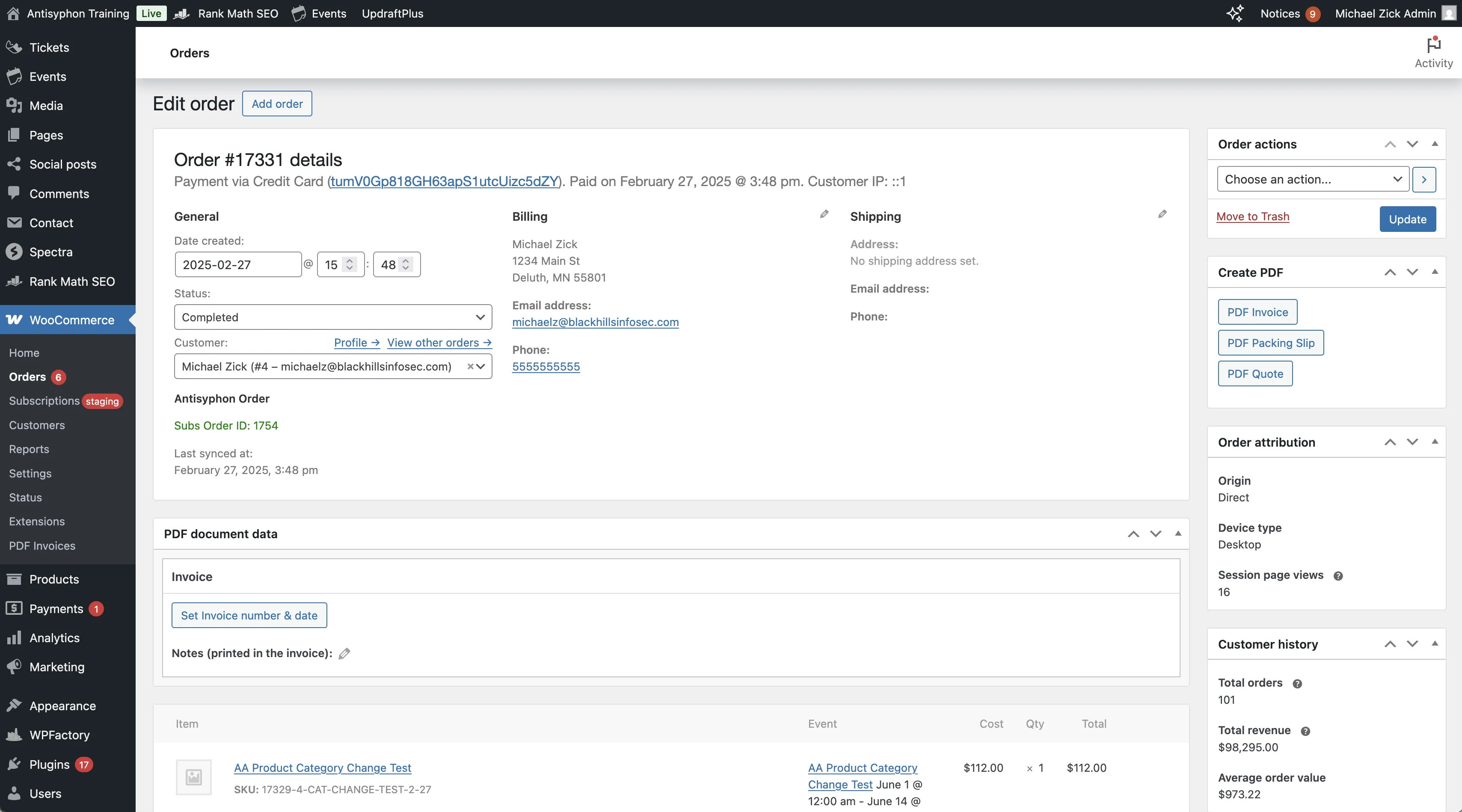 Admin order edit screen with custom fields