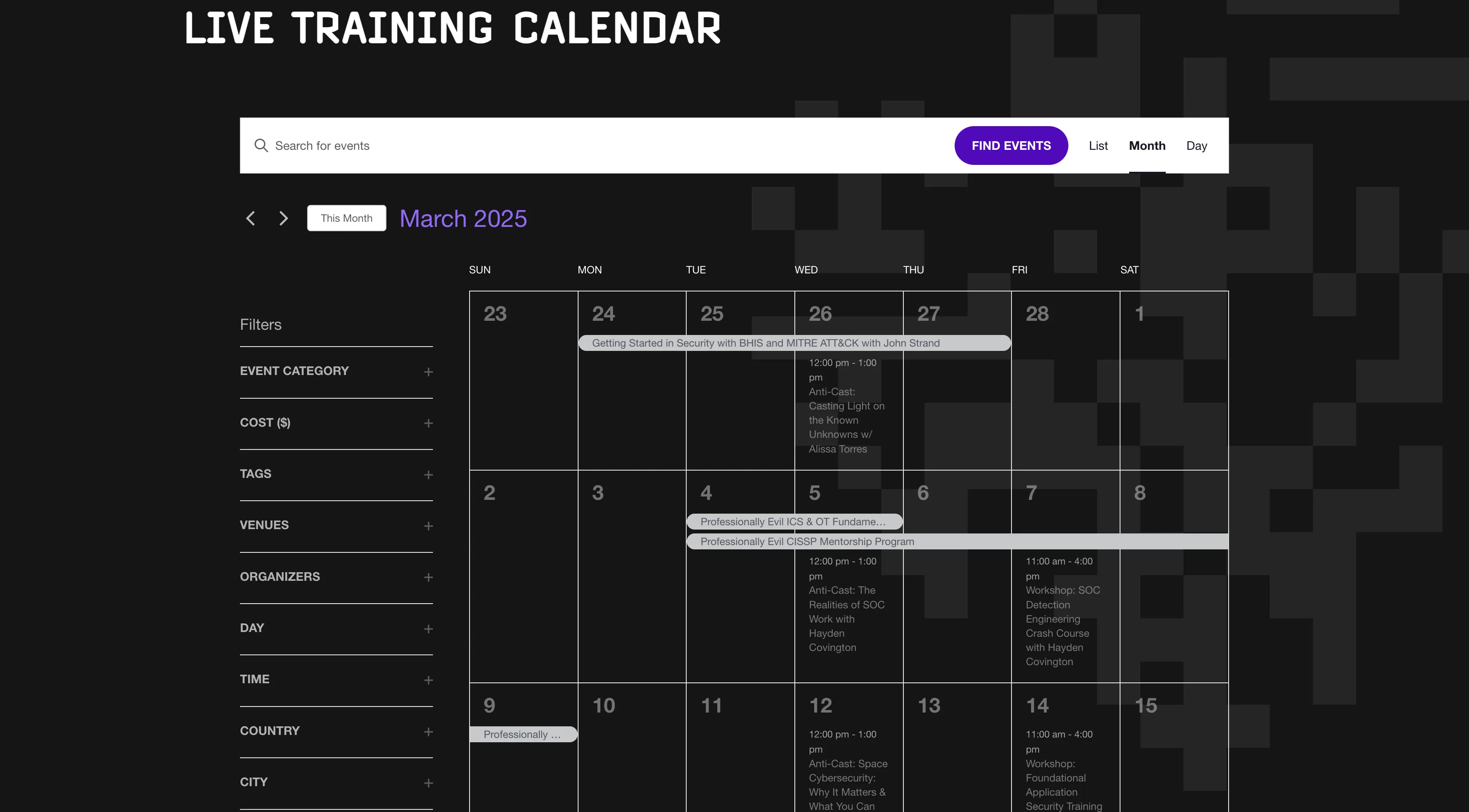 Course catalog with category filters