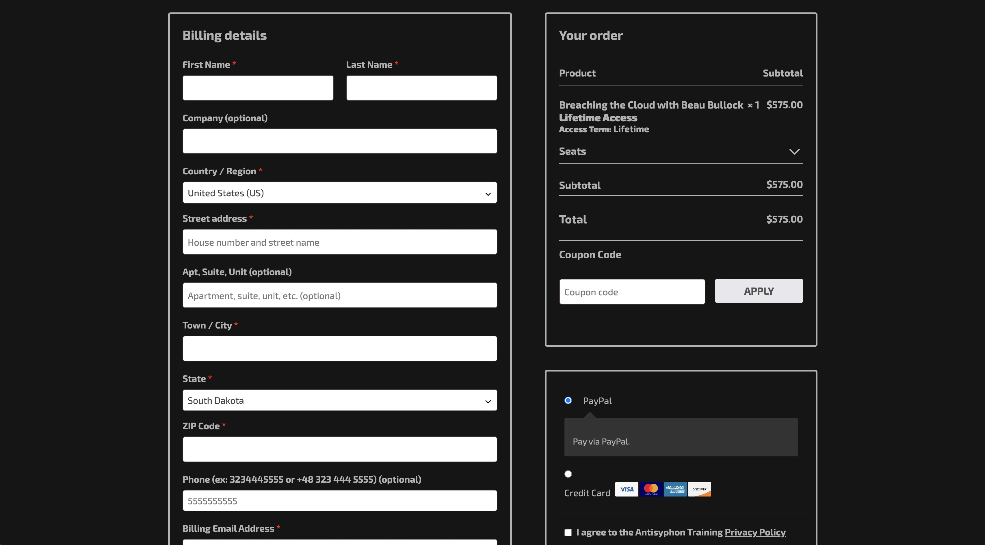 Checkout form with billing details