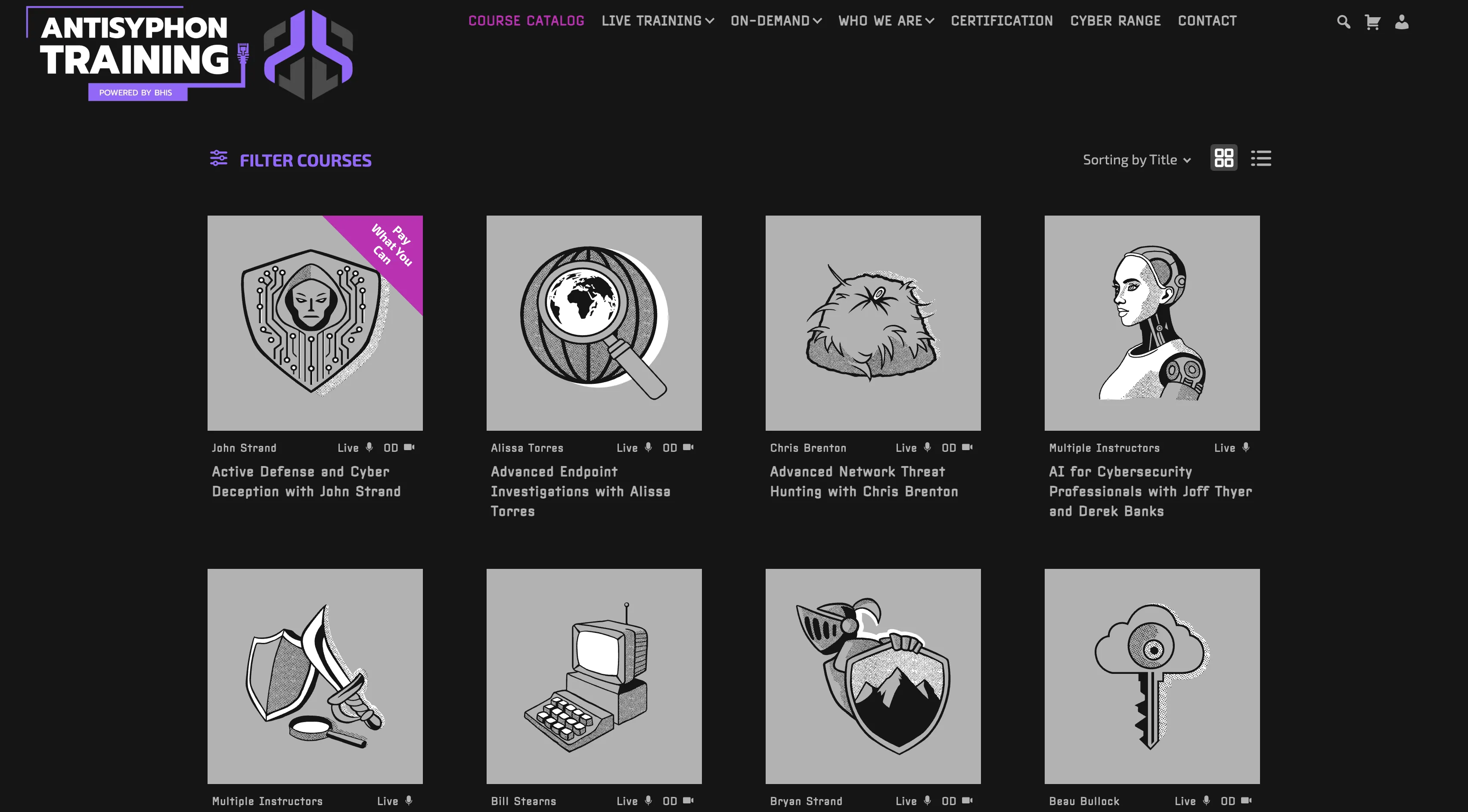 Course catalog cards showing filtering and categories