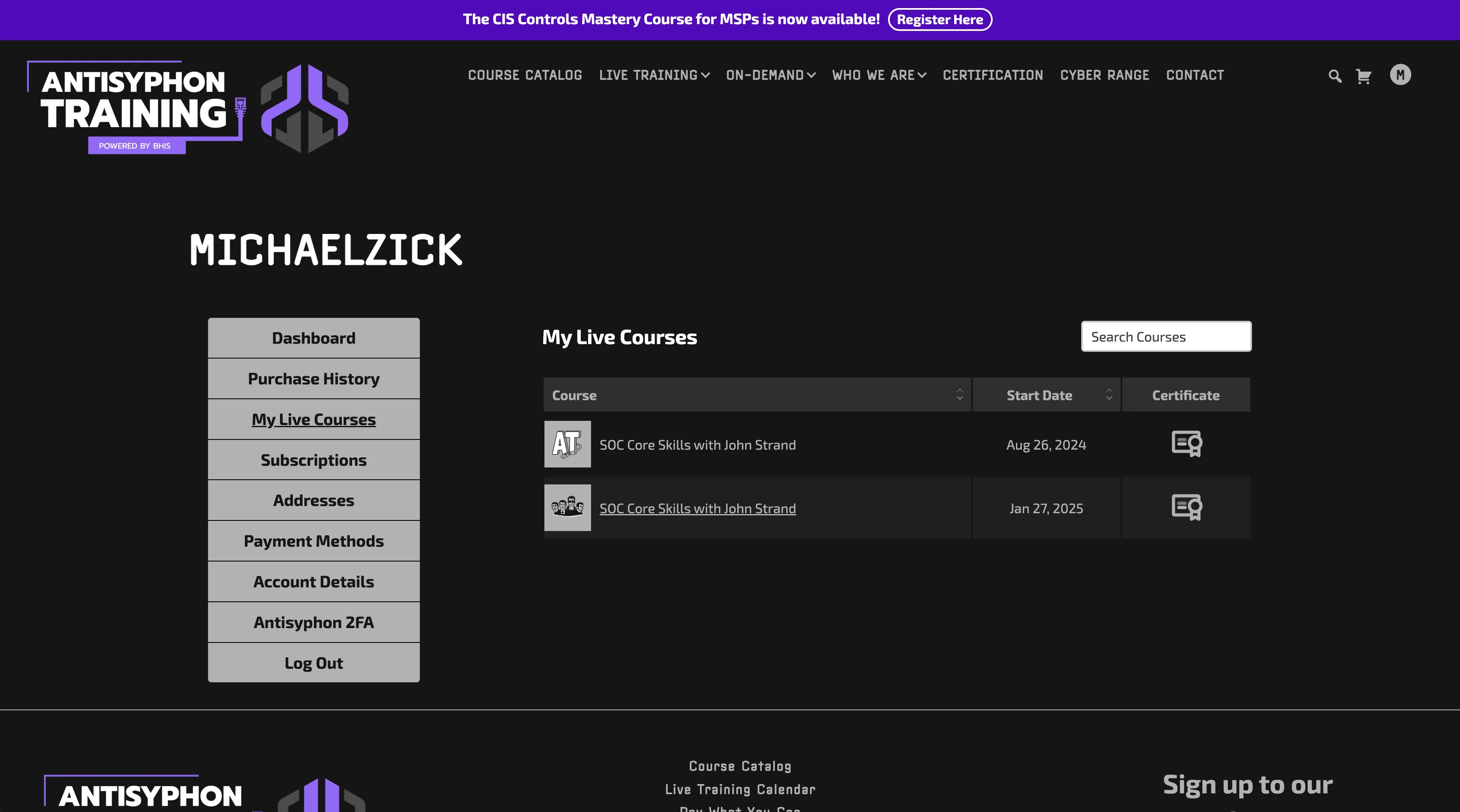 Dashboard Live Courses