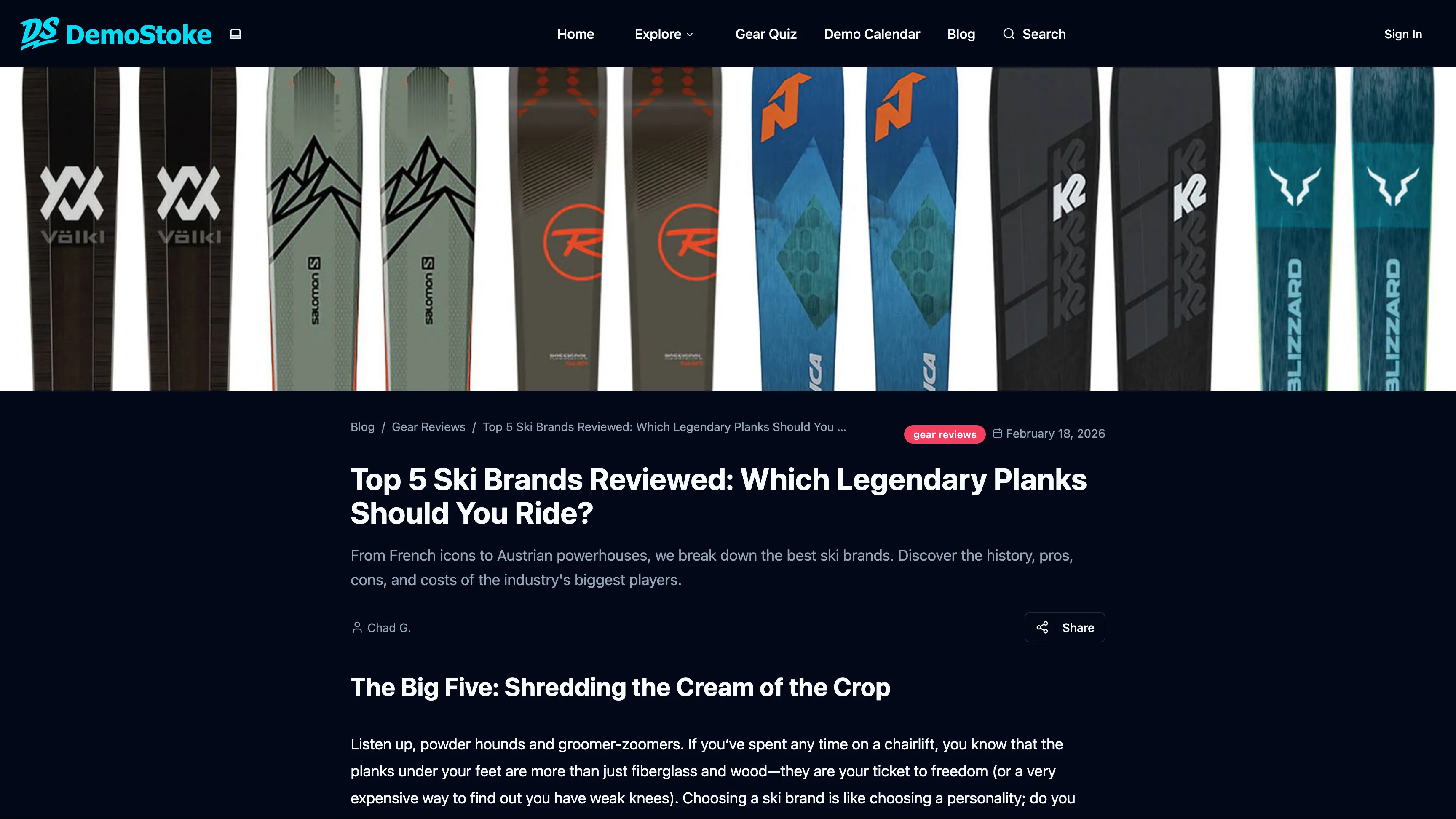 DemoStoke blog article page with a ski brand hero image and body text