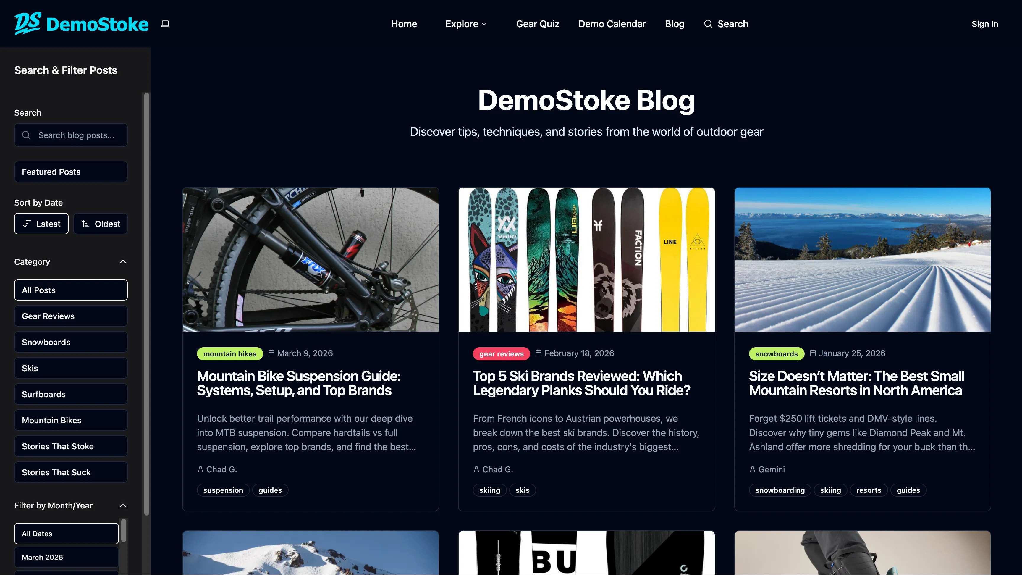 DemoStoke blog index with search filters and post cards