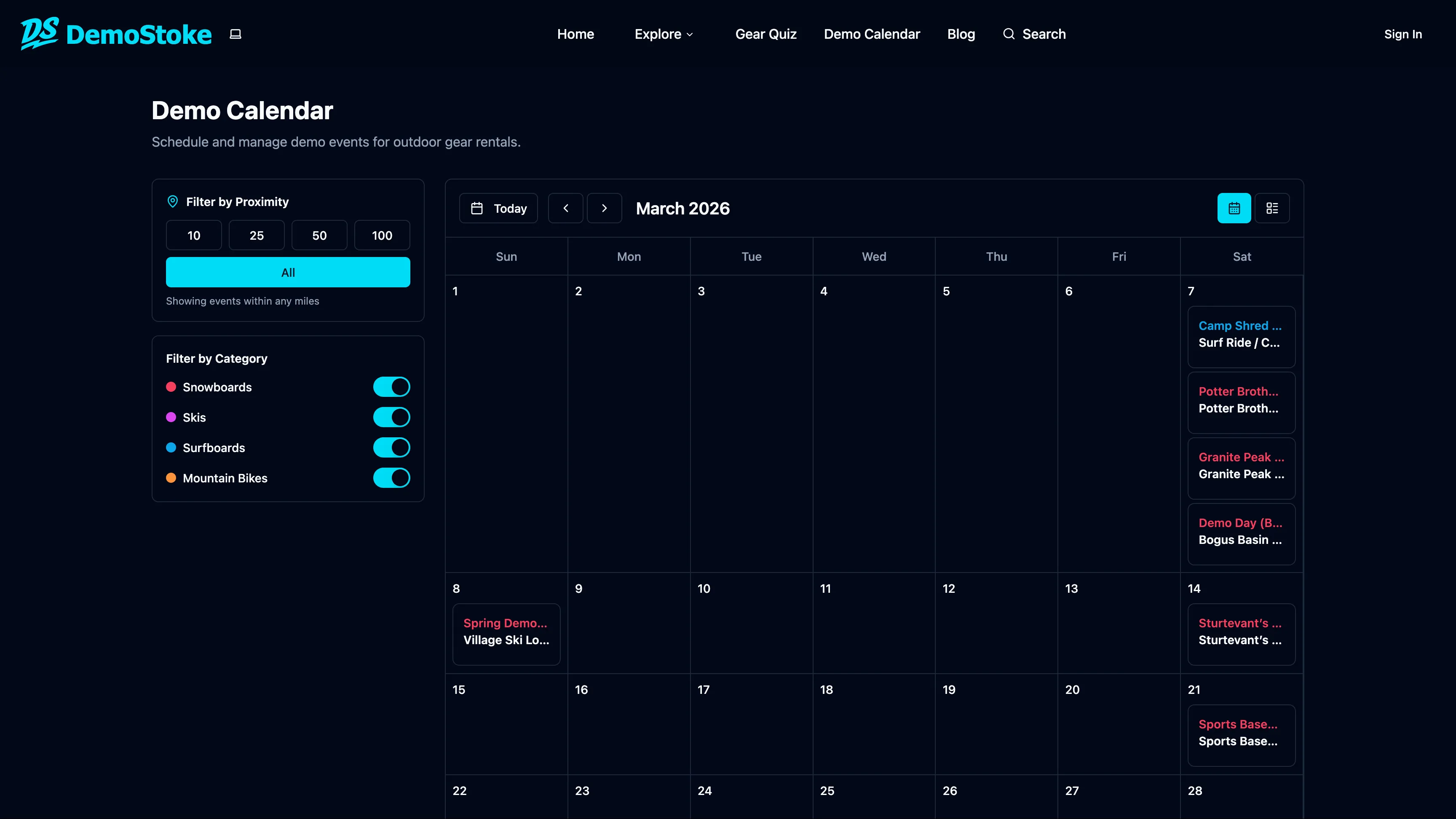 DemoStoke demo calendar month view with scheduled events and category filters
