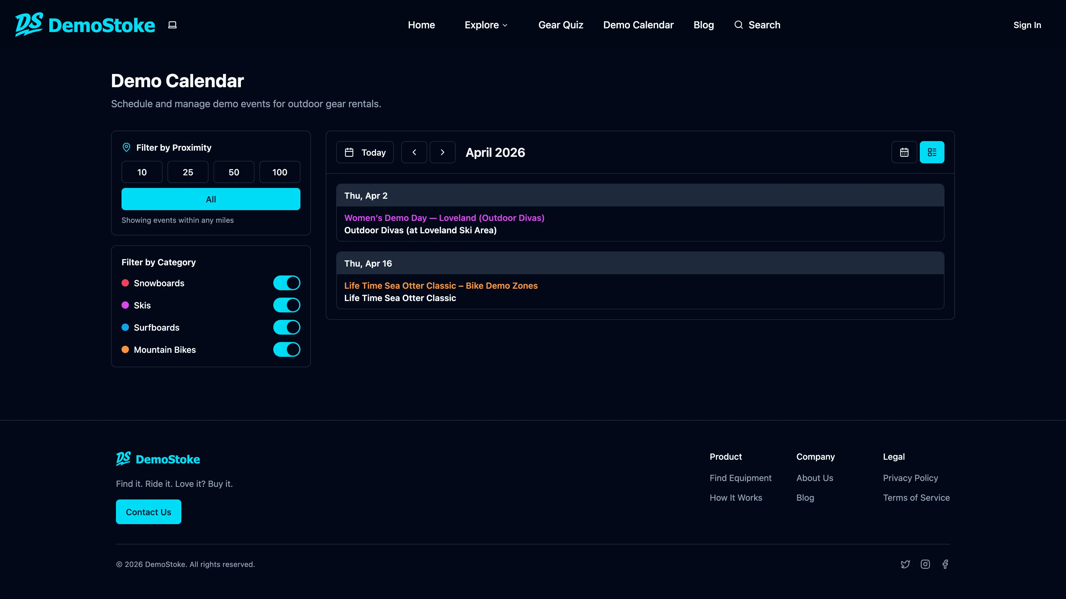 DemoStoke demo calendar list view with upcoming events
