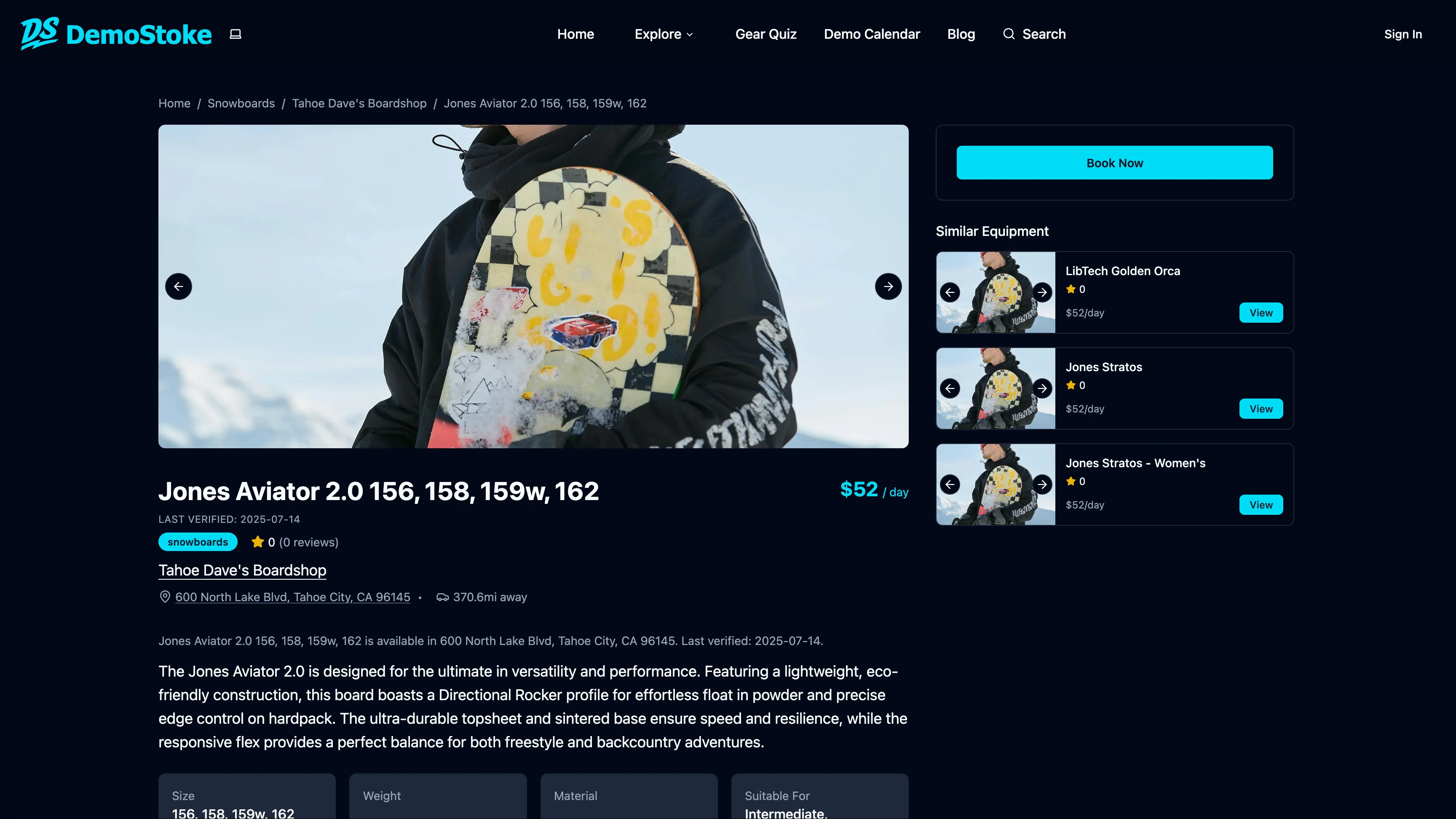 DemoStoke gear detail page with a book now button and similar equipment