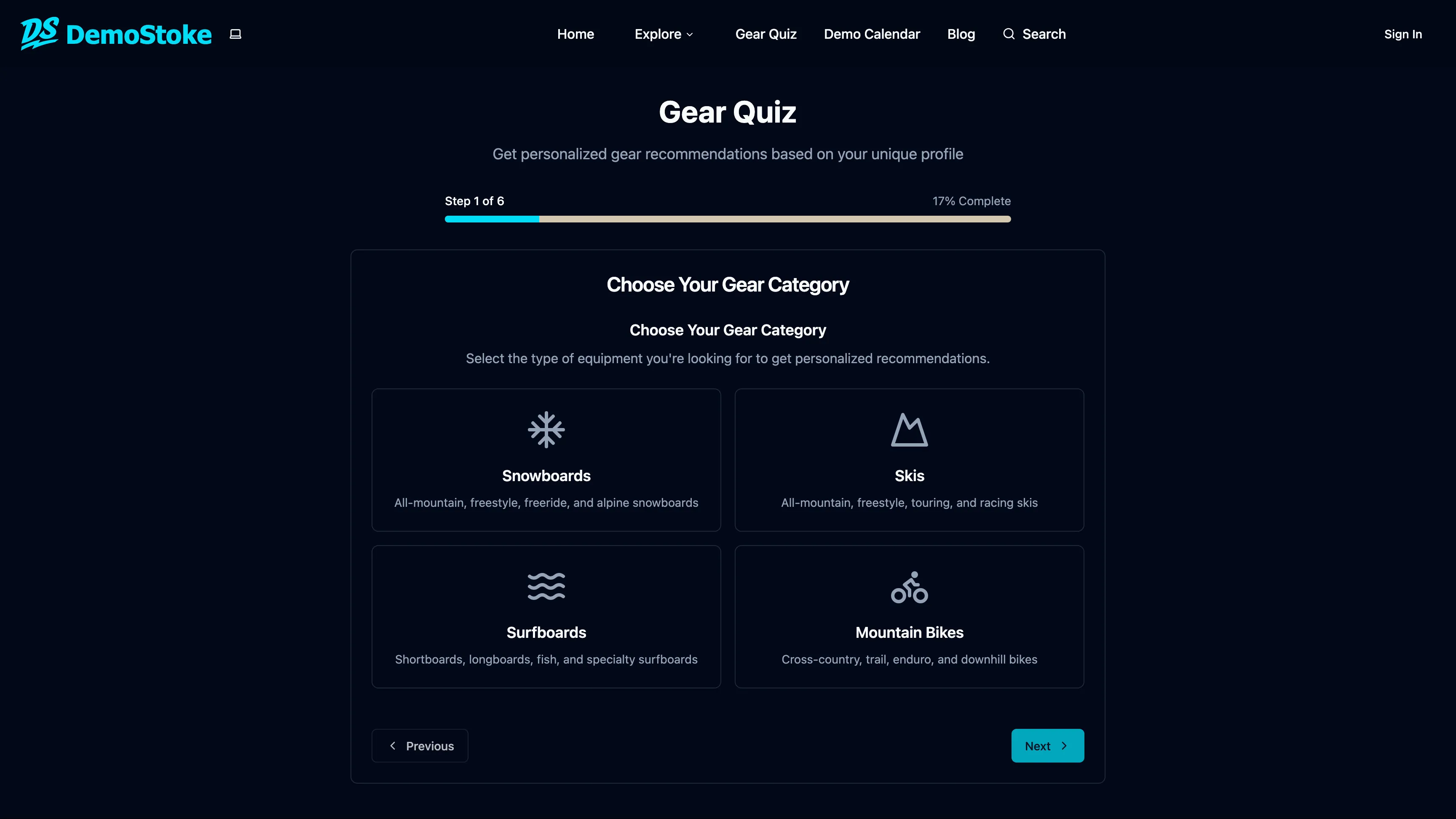 DemoStoke gear quiz category selection screen for snowboards, skis, surfboards, and mountain bikes