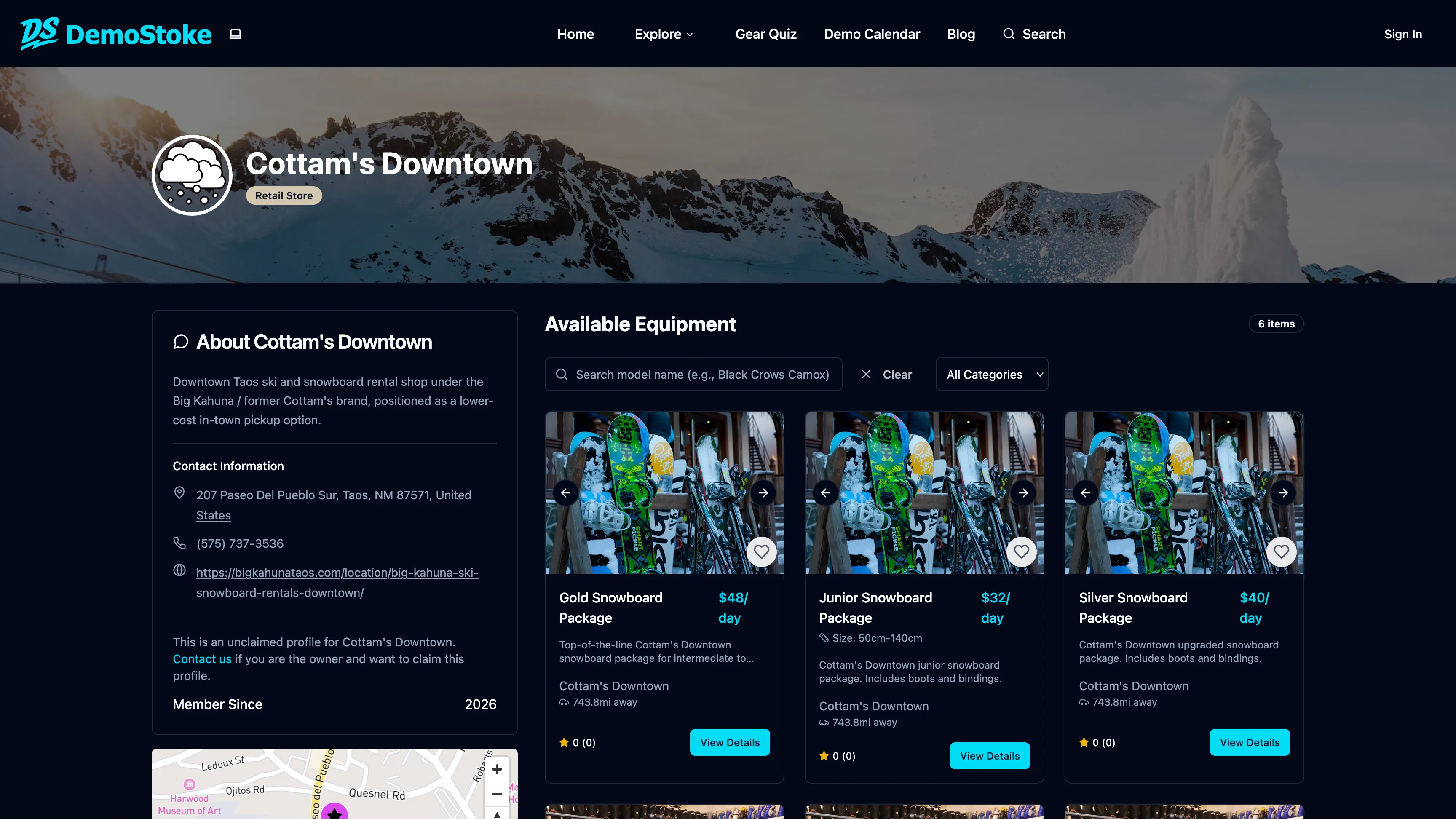 DemoStoke shop profile page with equipment listings and store details