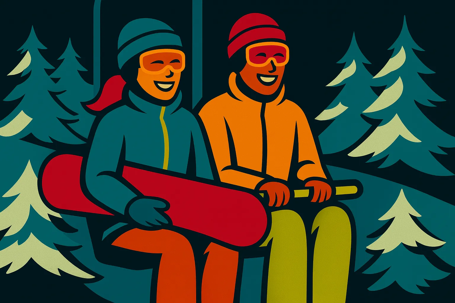 Skiers riding a chairlift together