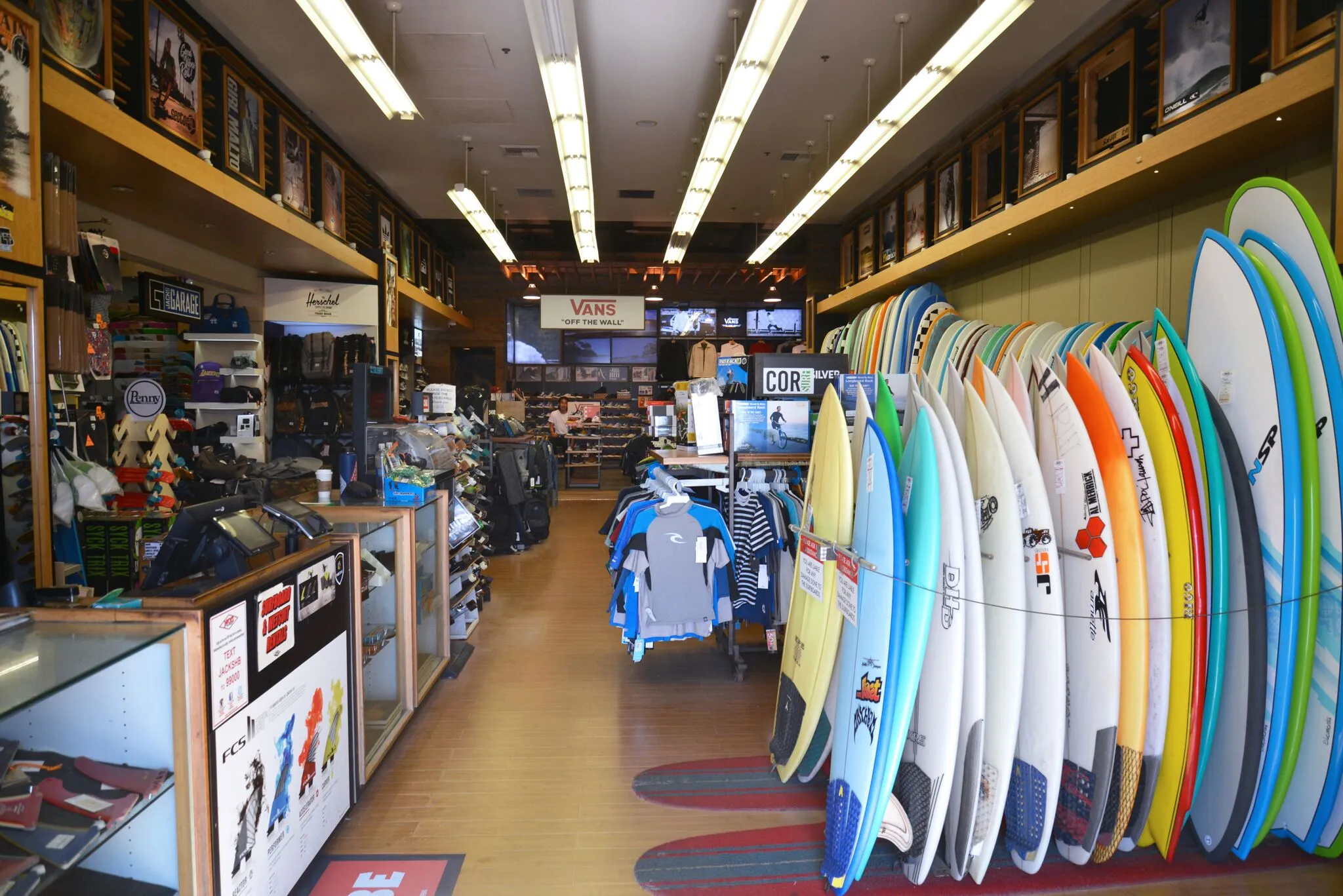 Surf shop displaying boards available for demo