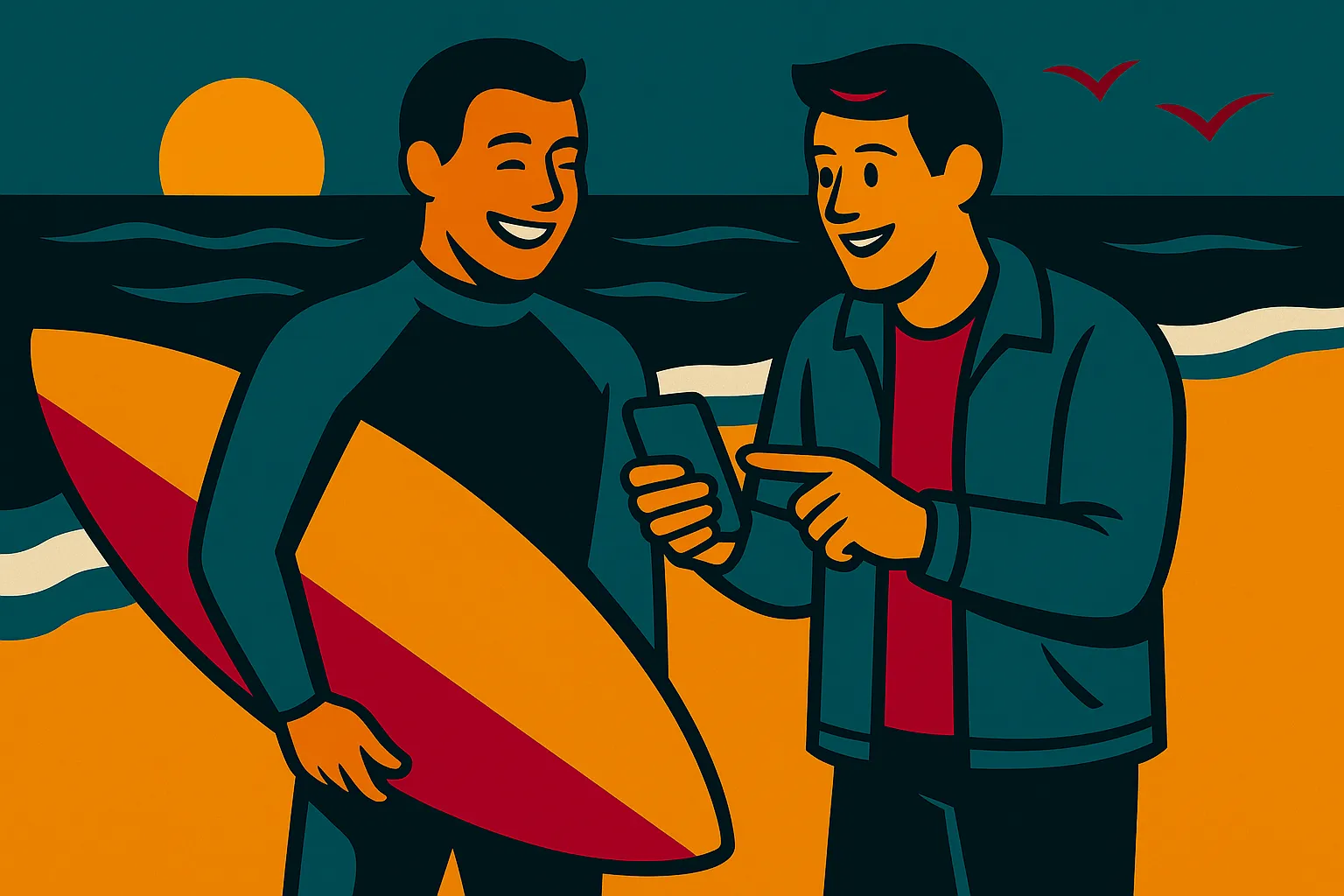 Surfer carrying a board while walking beside a man on his phone