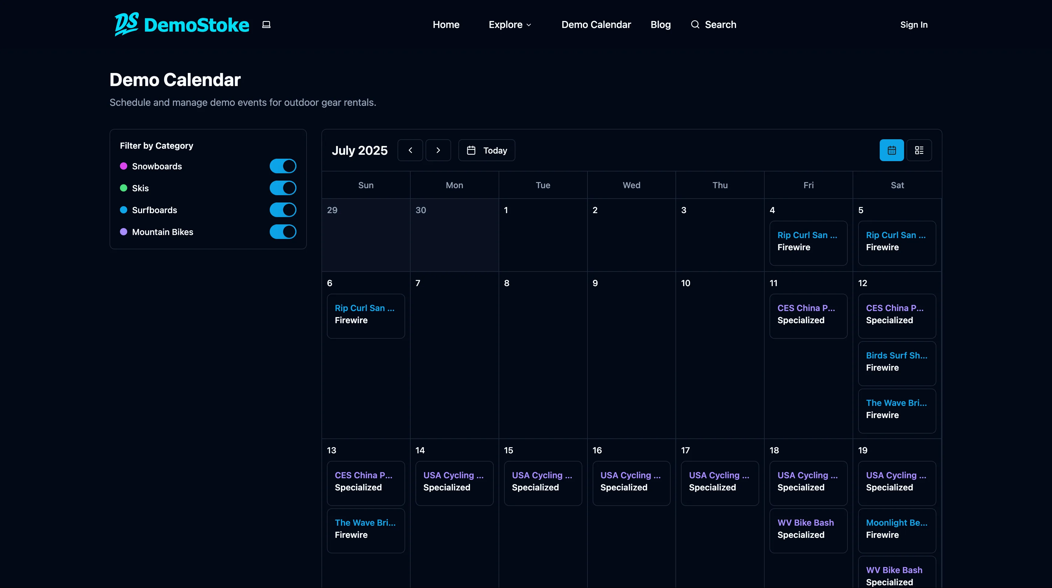 DemoStoke Events Calendar
