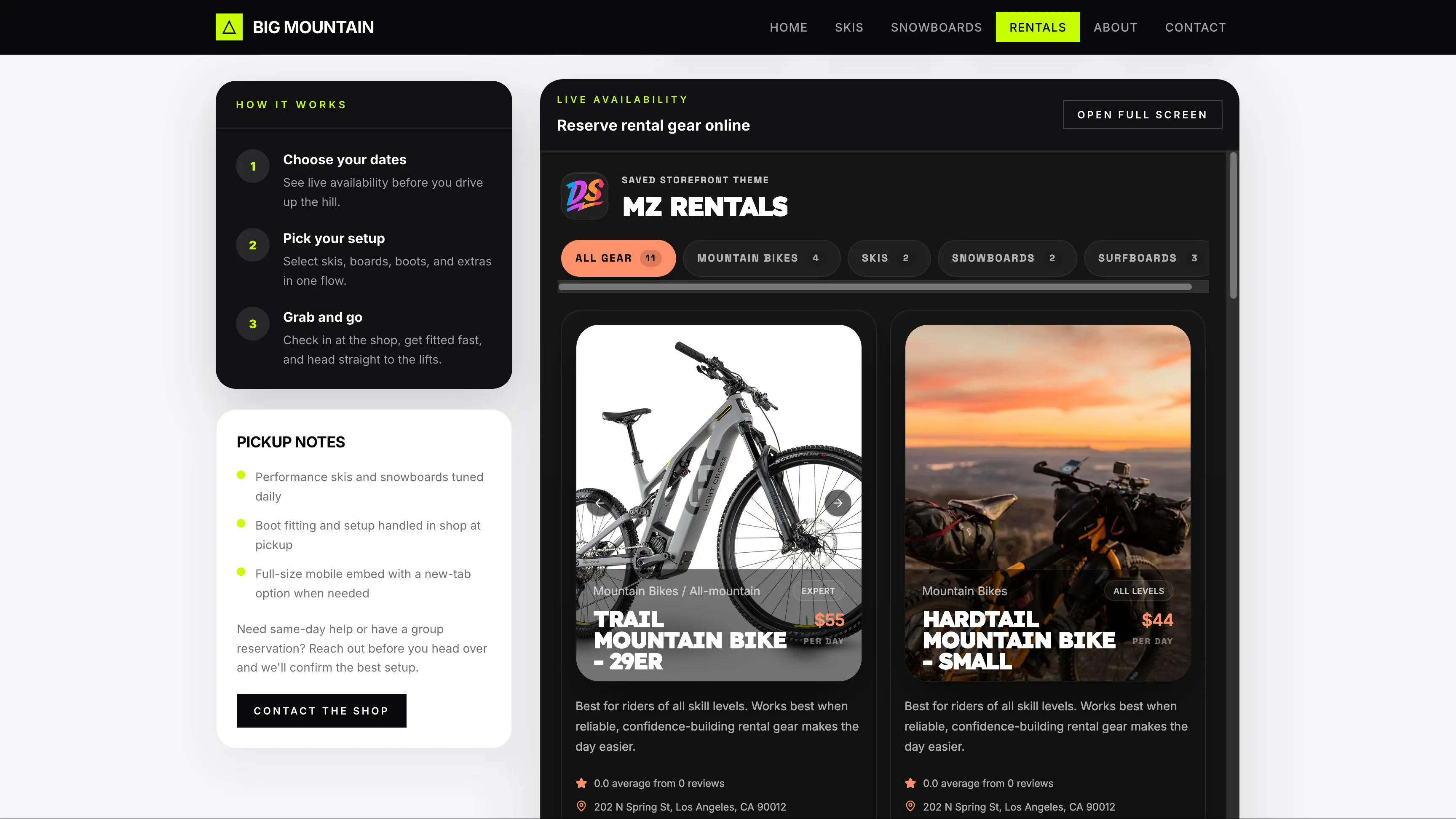 DemoStoke Fleet Ops gear shop with embedded widget