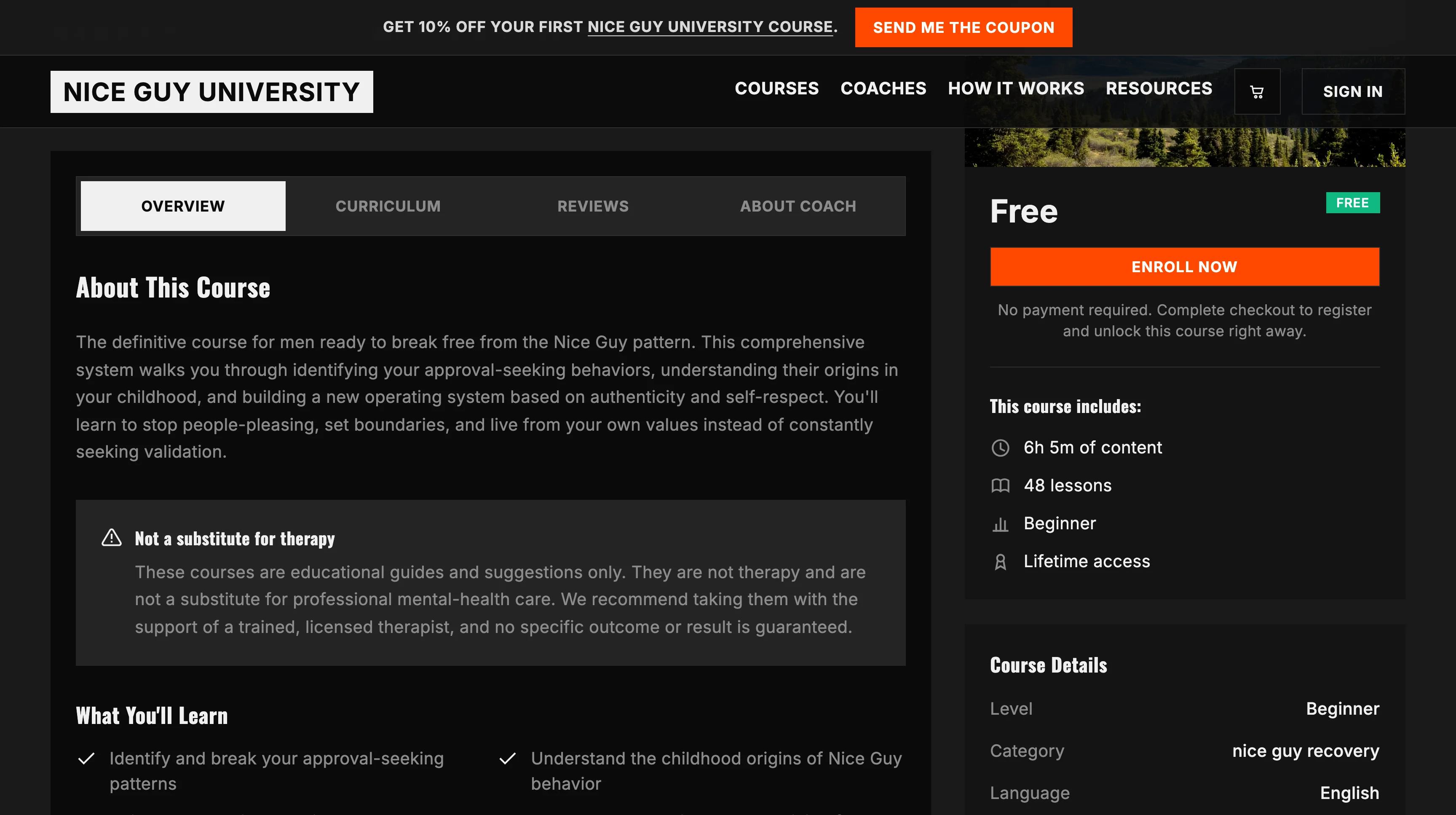 Nice Guy University course overview with learning outcomes and therapy disclaimer