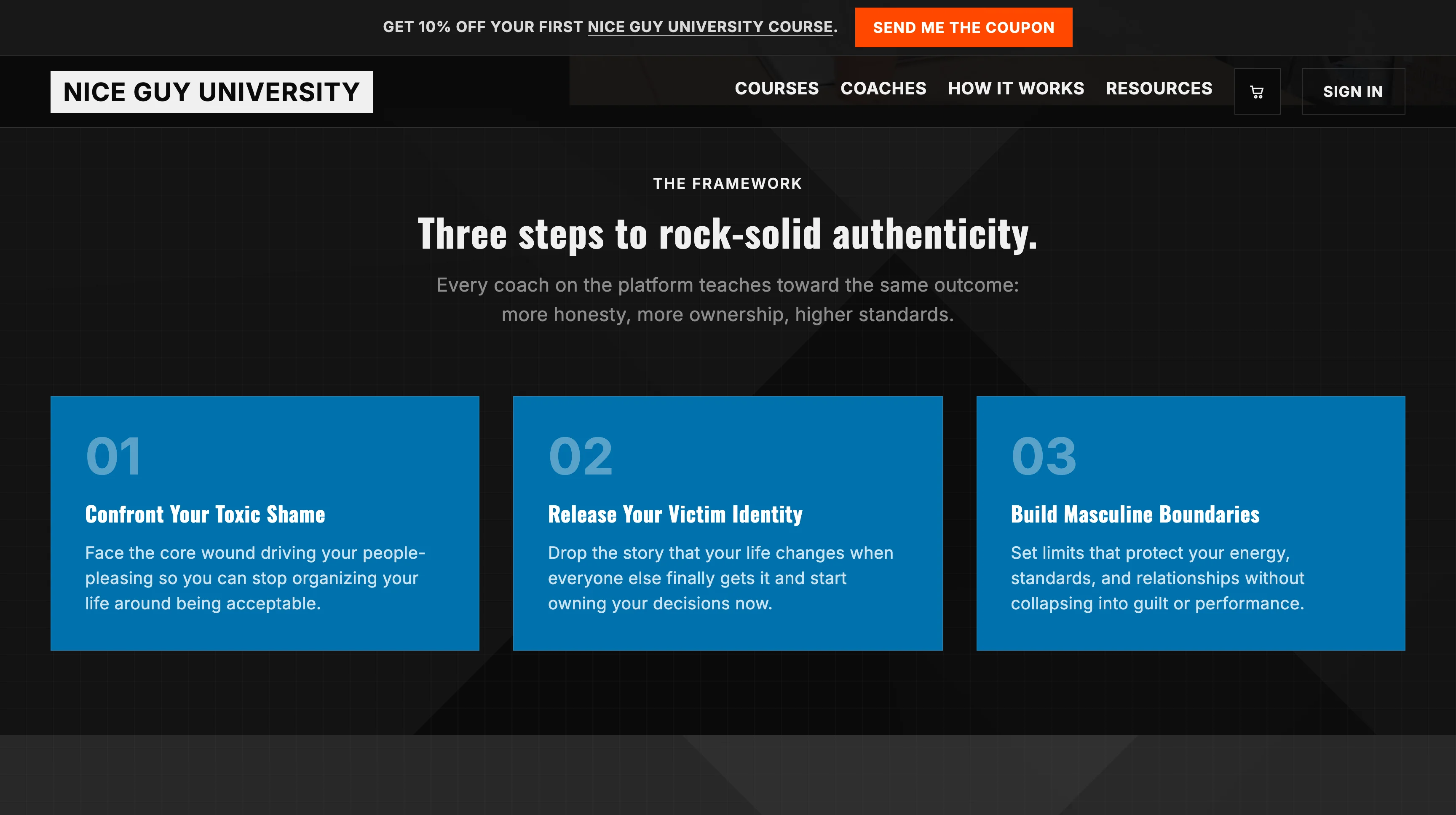Nice Guy University homepage framework section with three steps to rock-solid authenticity