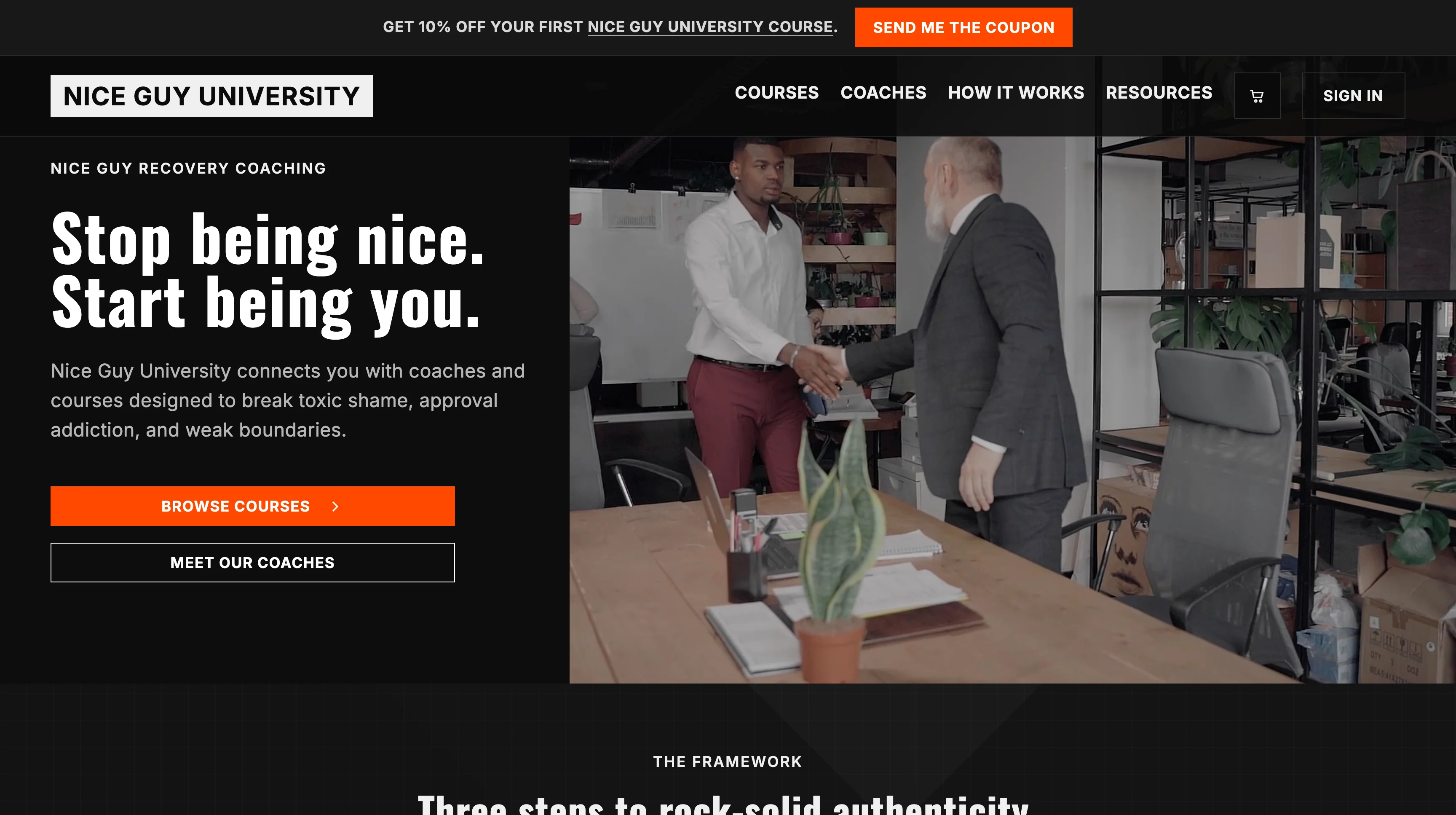 Nice Guy University homepage with hero and primary calls to action
