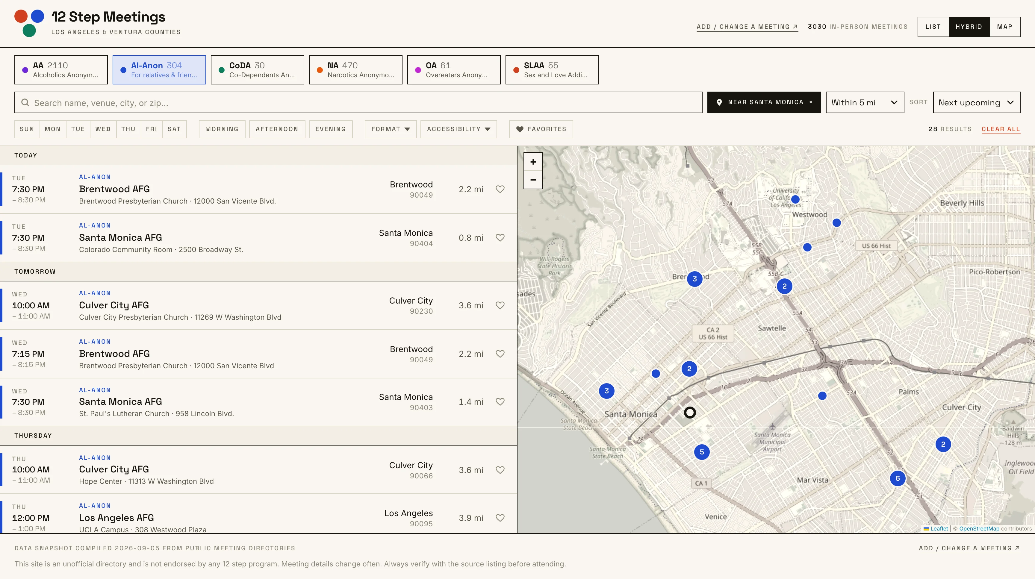 12 Step Meetings directory filtered to Al-Anon, listing upcoming meetings near Santa Monica beside a map of nearby meetings