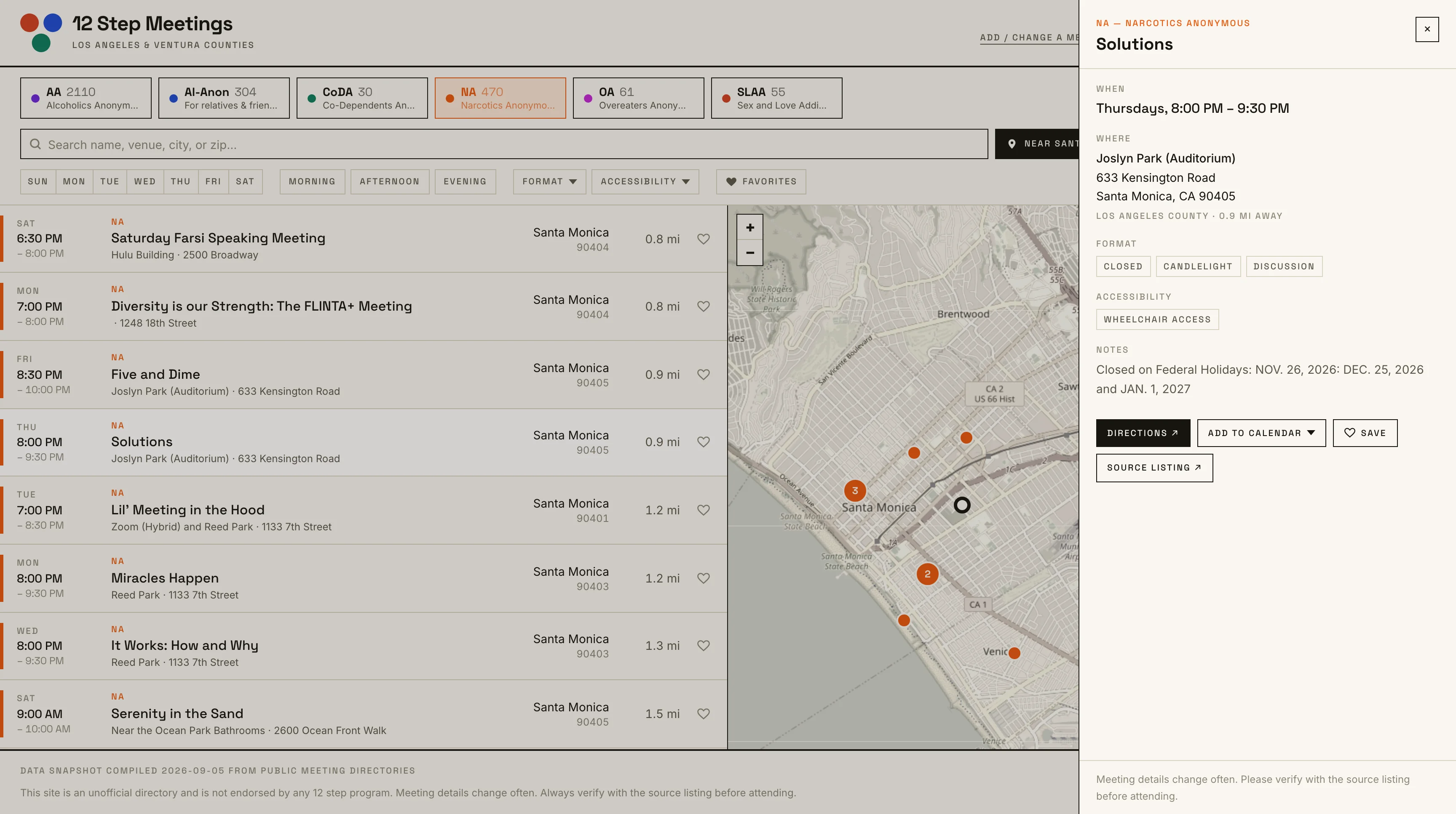 Meeting detail panel with schedule, location, format, accessibility, directions, and calendar options