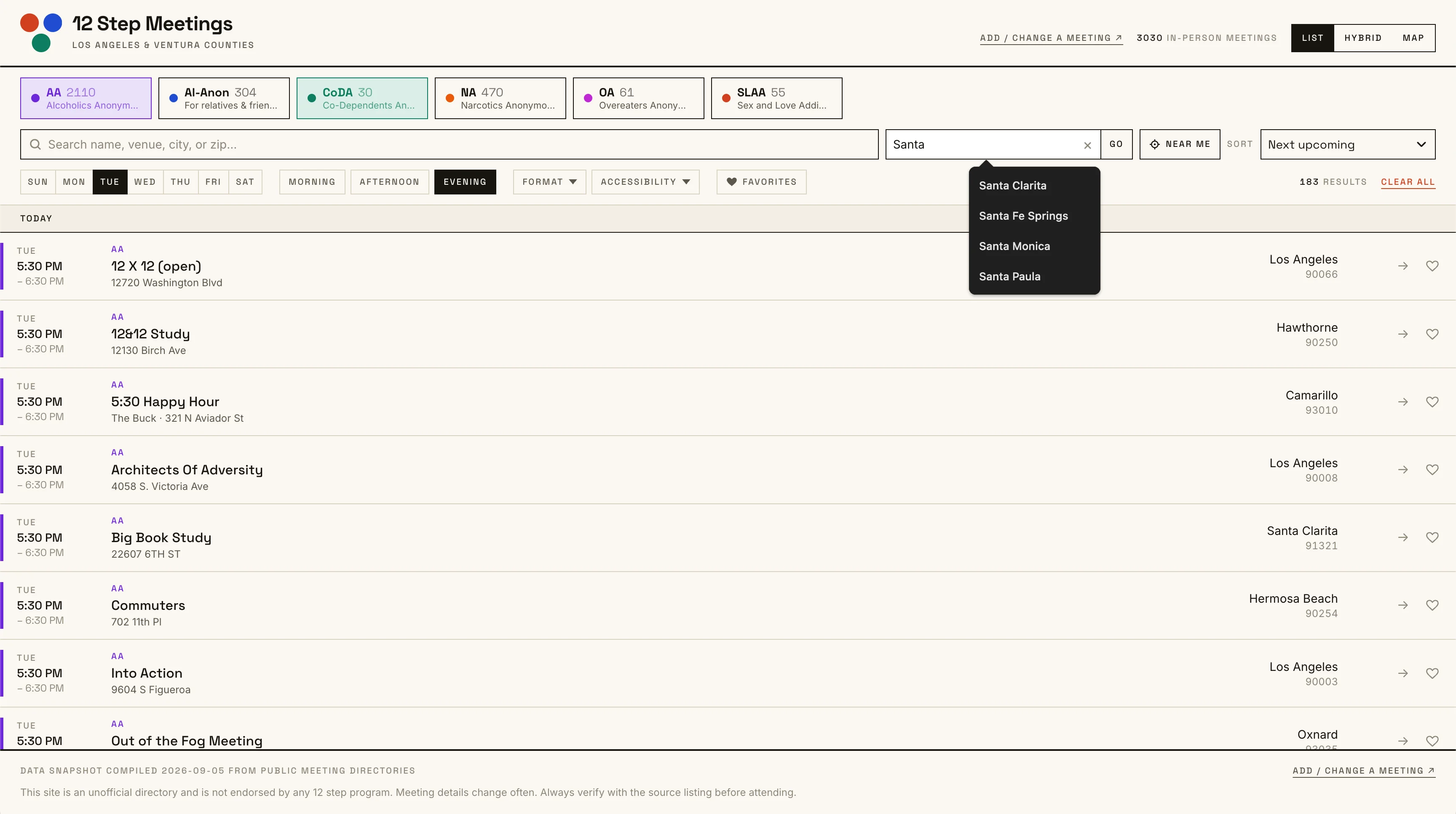 12 Step Meetings list showing program, day, time, and location filters with the location menu open to city suggestions for Santa