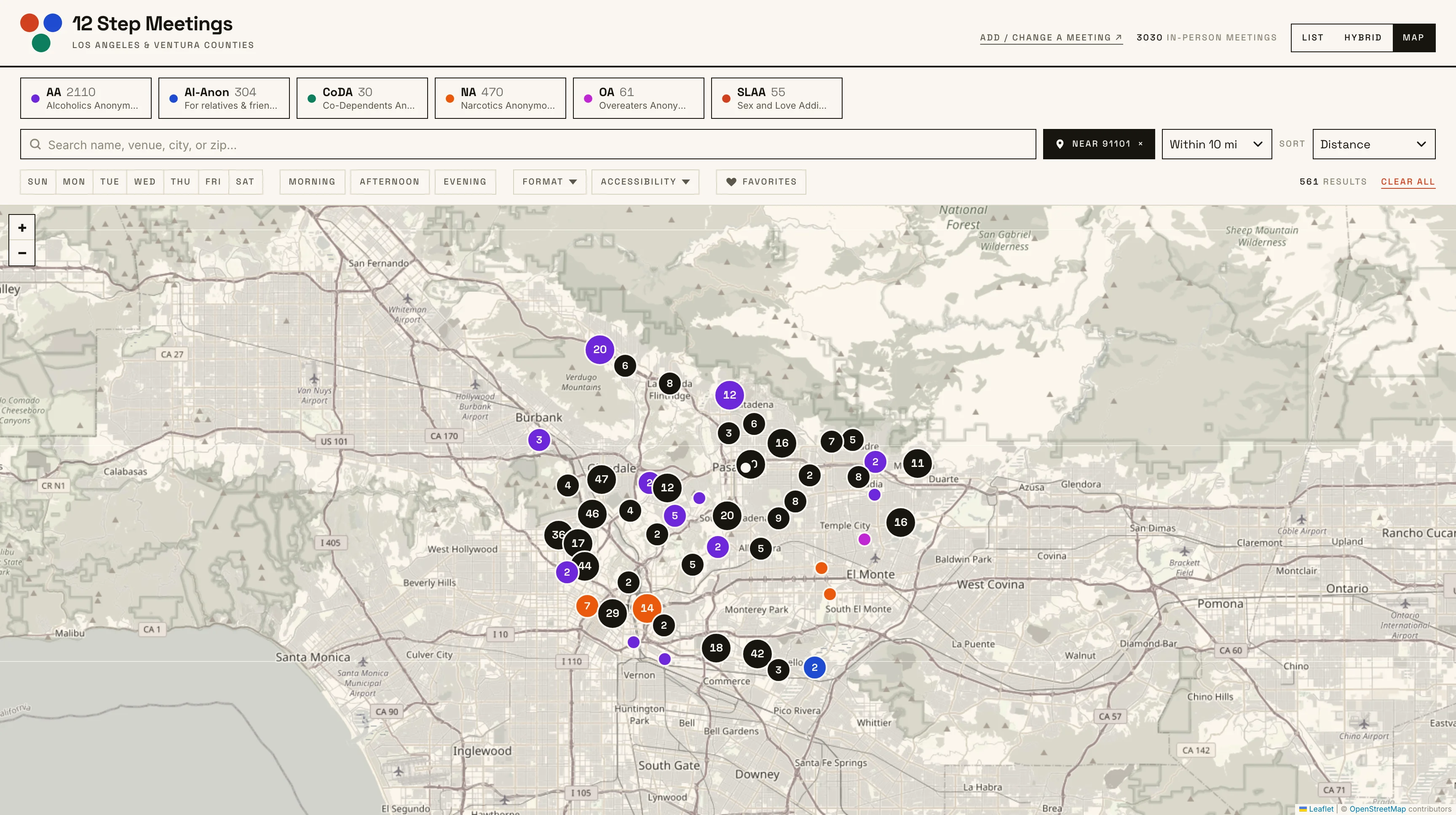 Map view of meetings near Pasadena with a ZIP search, radius filter, and clustered meeting markers