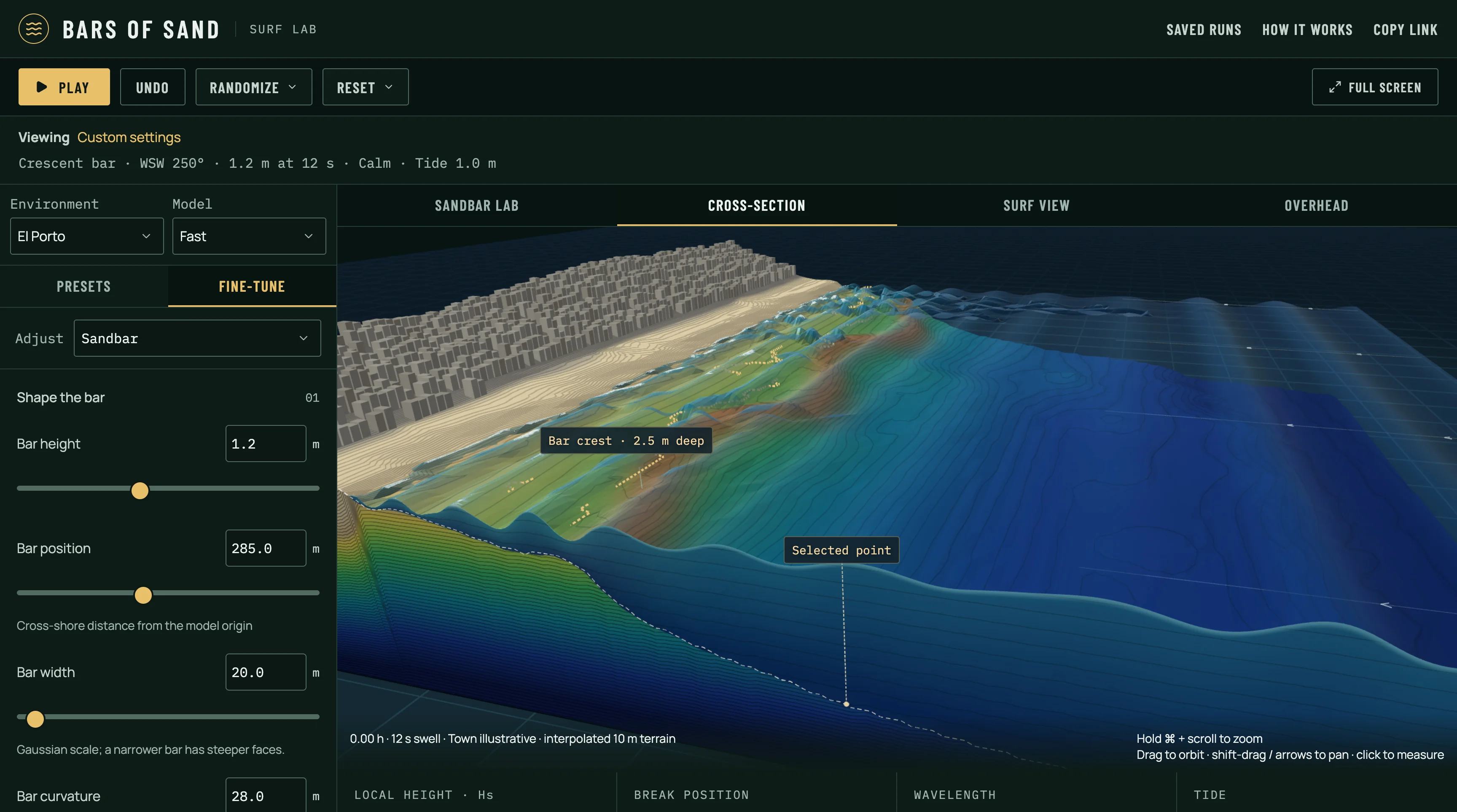 Cross-section view slicing through the water to the seabed with a selected measuring point, beside sliders for bar height, position, width, and curvature