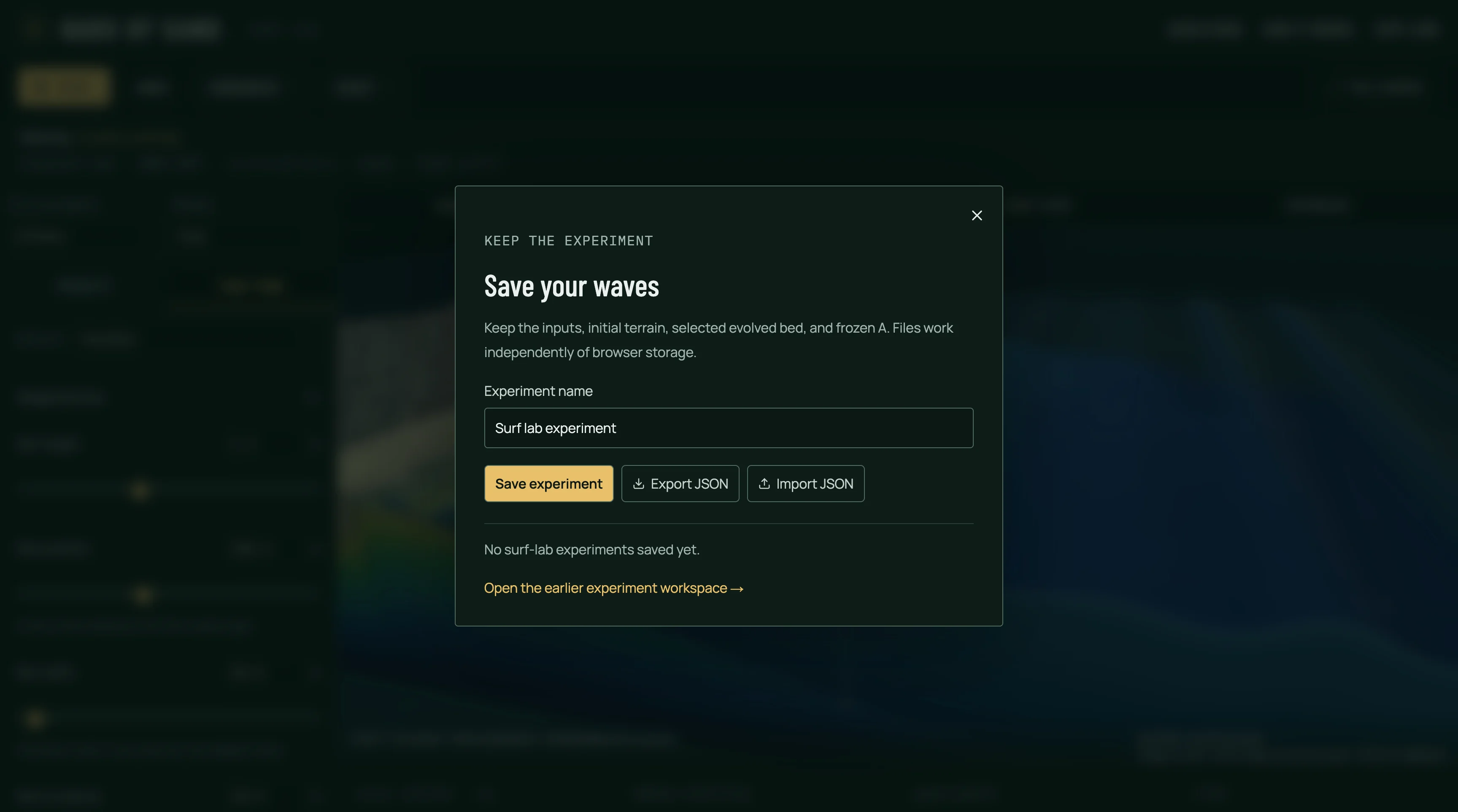 Save your waves dialog with an experiment name field and options to save, export JSON, and import JSON