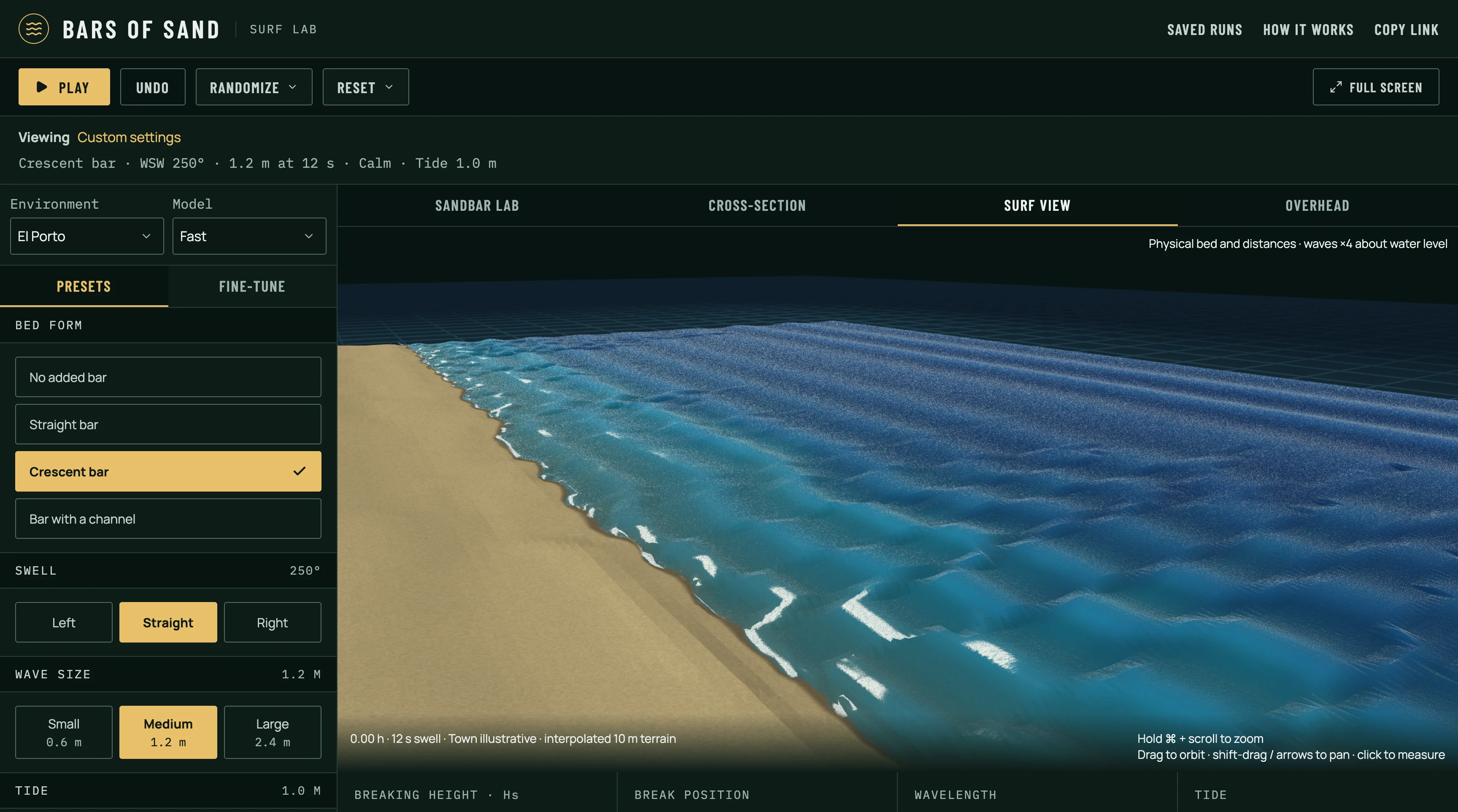 Surf view of waves breaking over a crescent sandbar near the beach, beside the presets panel