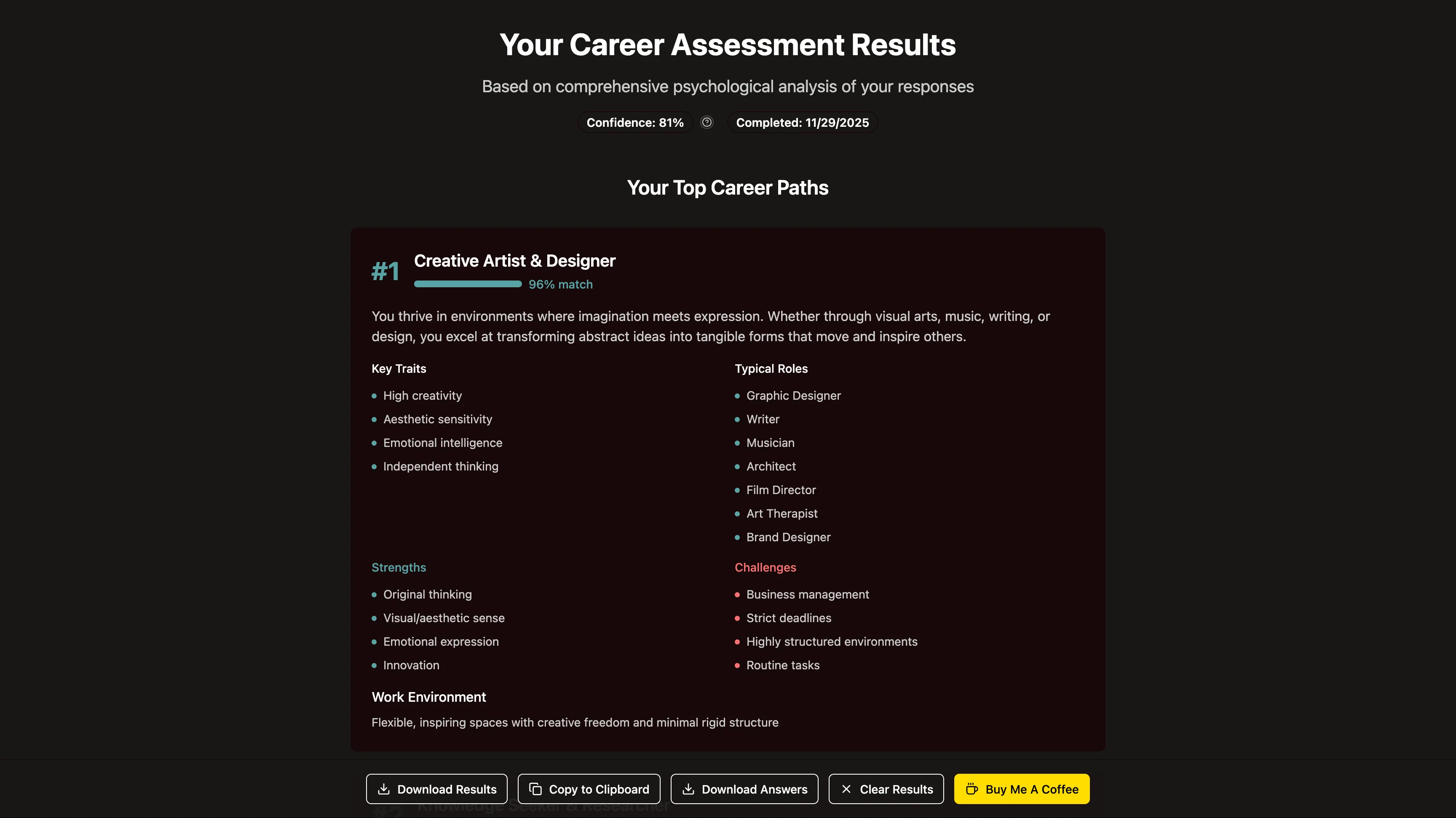Quiz results page with recommendations
