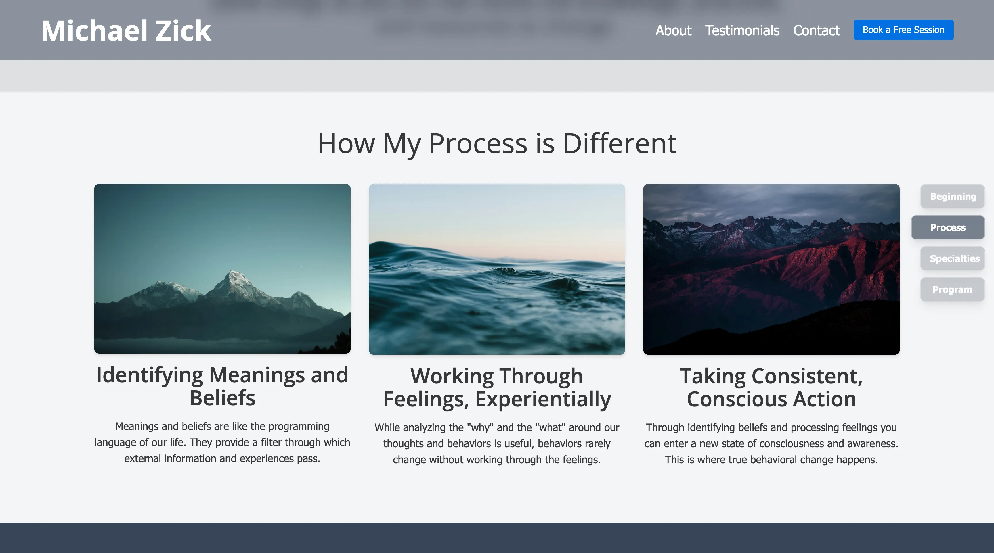 Process overview cards with navigation and a booking CTA