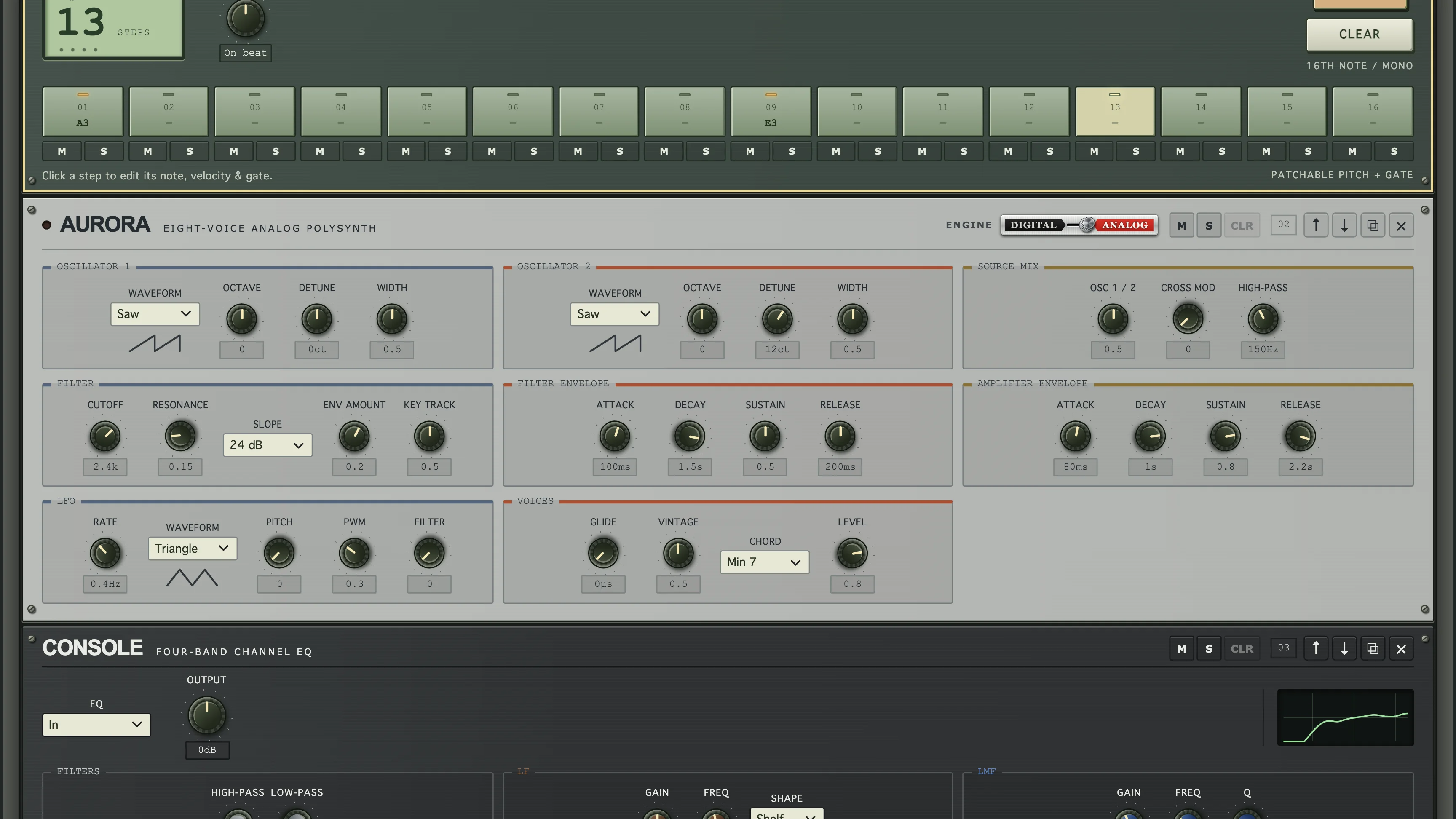 AURORA eight-voice polysynth with dual oscillators and a source mix