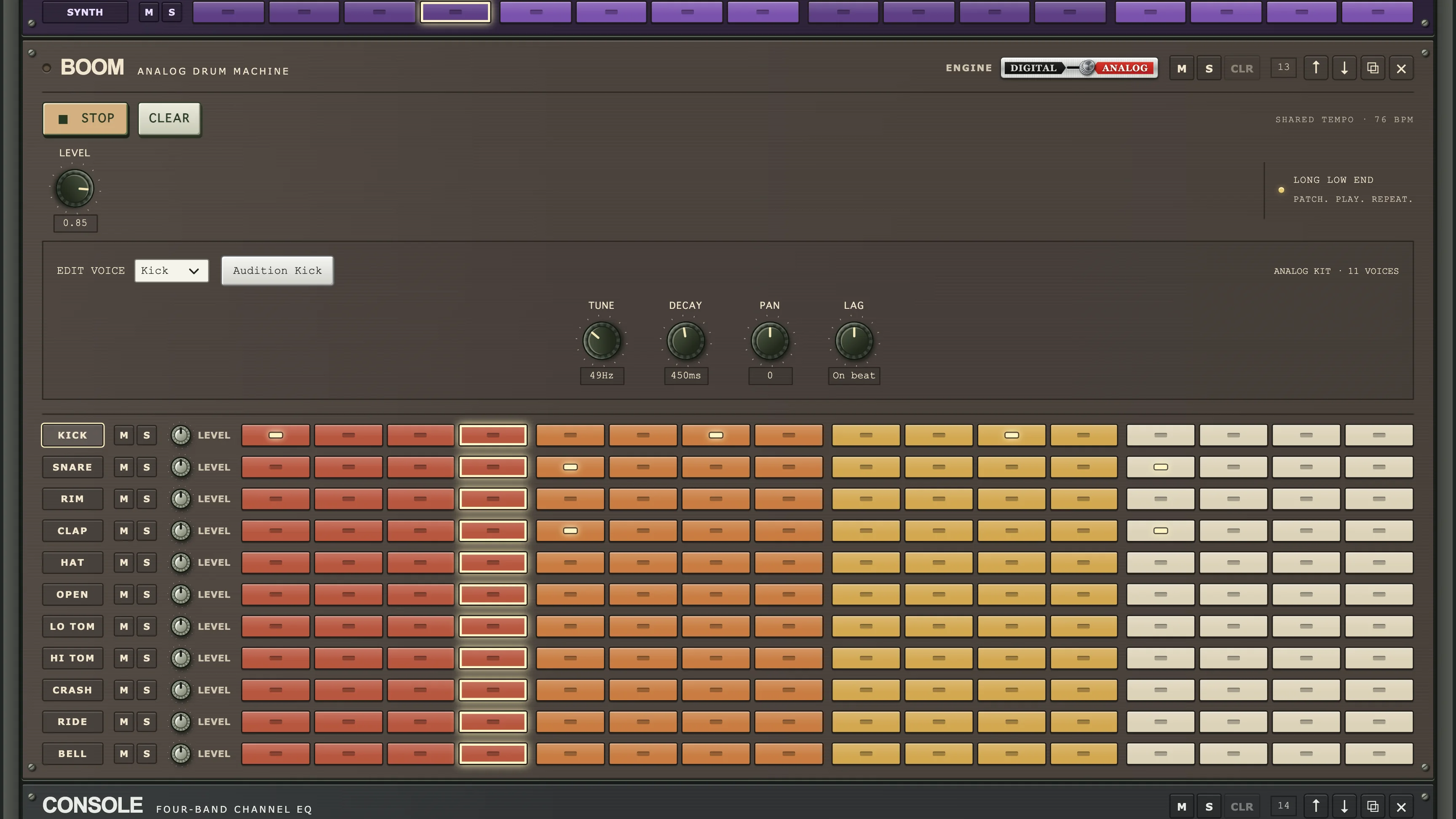 BOOM analog-style drum machine with its step grid playing