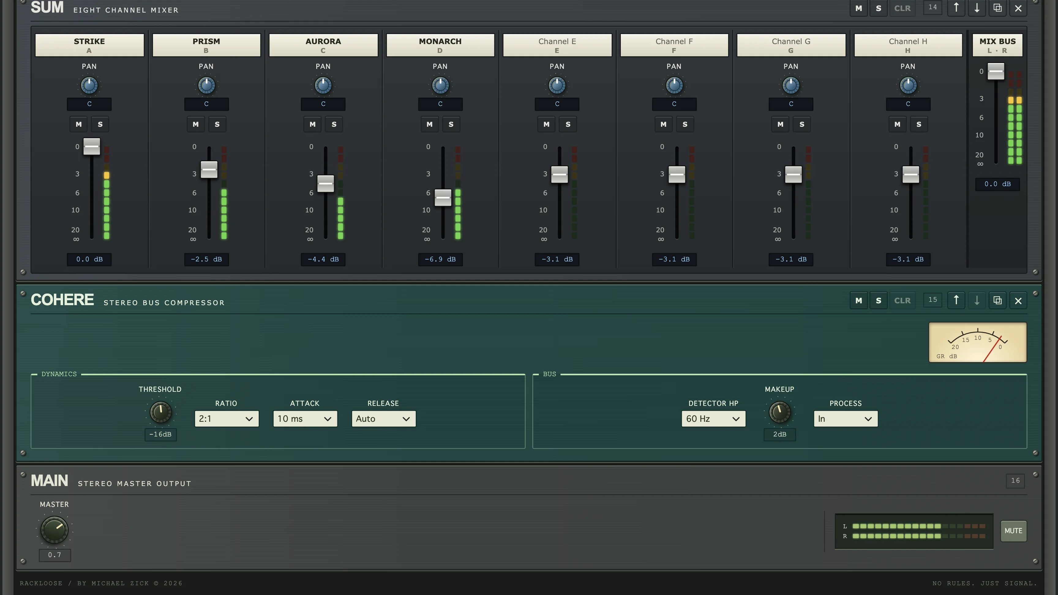 SUM eight-channel mixer with faders and LED meters above the COHERE bus compressor and the MAIN output