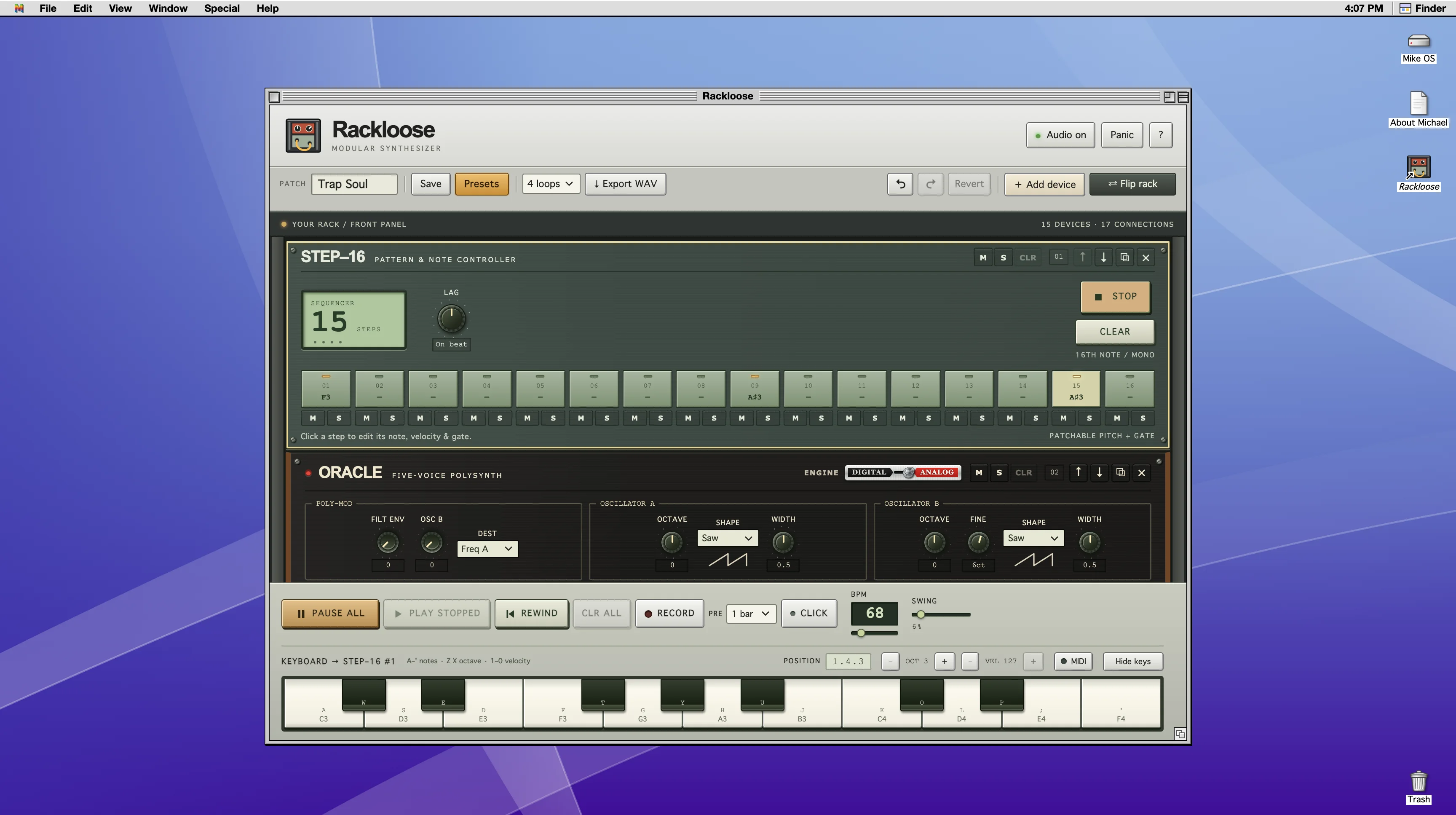 Rackloose open in a window on the Mike OS desktop, playing the Trap Soul preset
