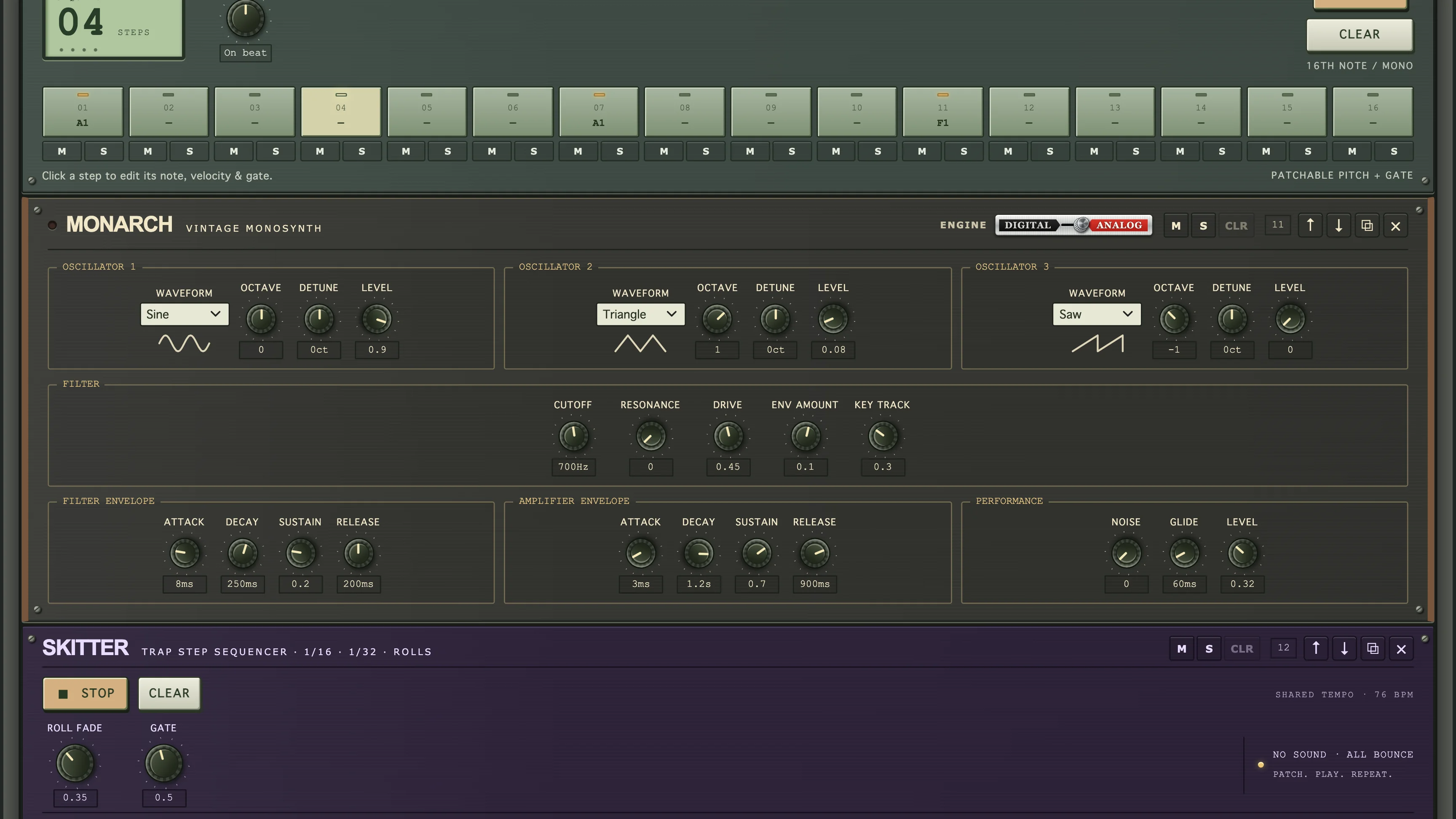 MONARCH vintage monosynth with three oscillators, a filter, and two envelopes