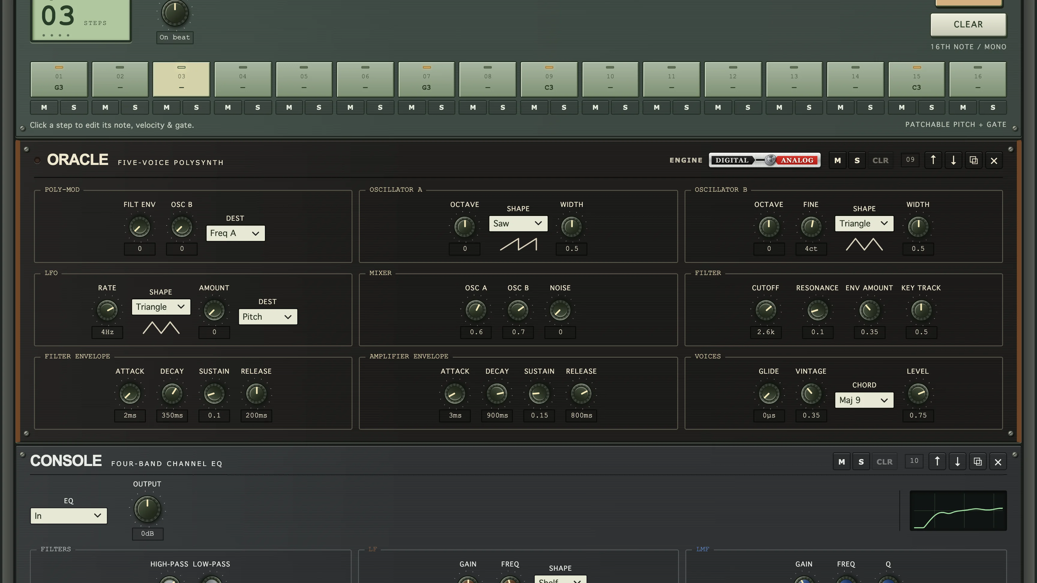 ORACLE five-voice polysynth set to a major ninth chord, with its engine switched to Analog
