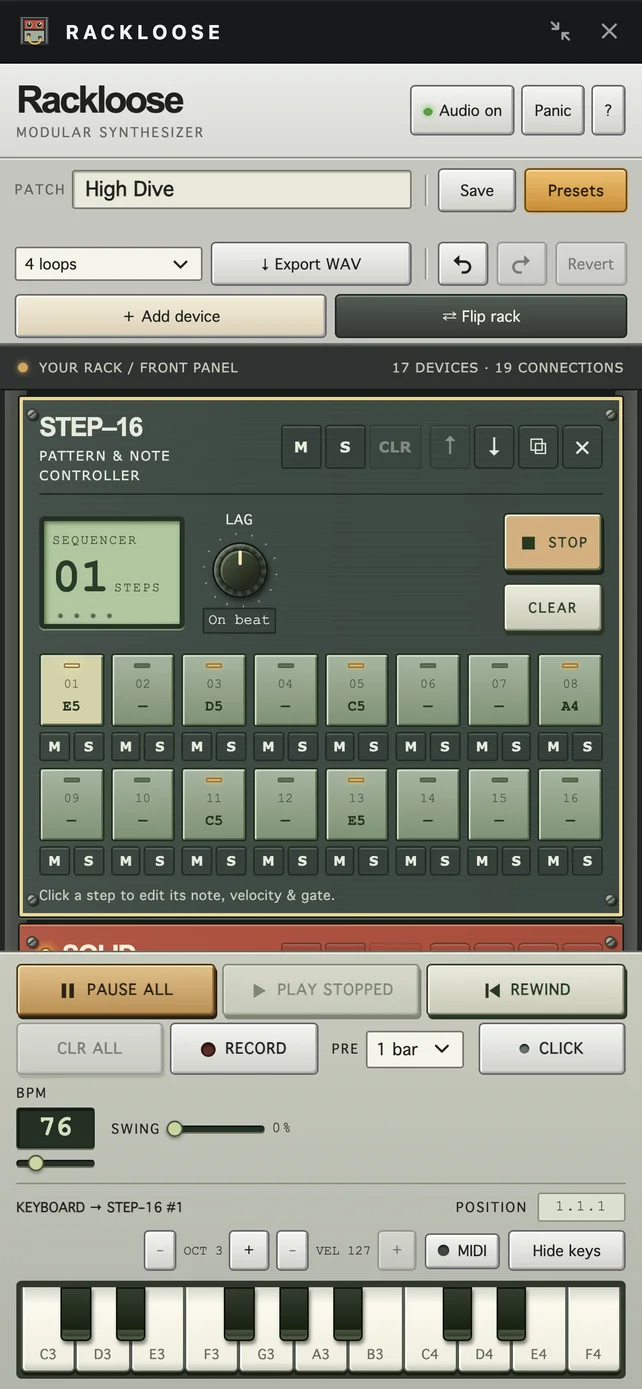 Rackloose on an iPhone with the front panel and keyboard