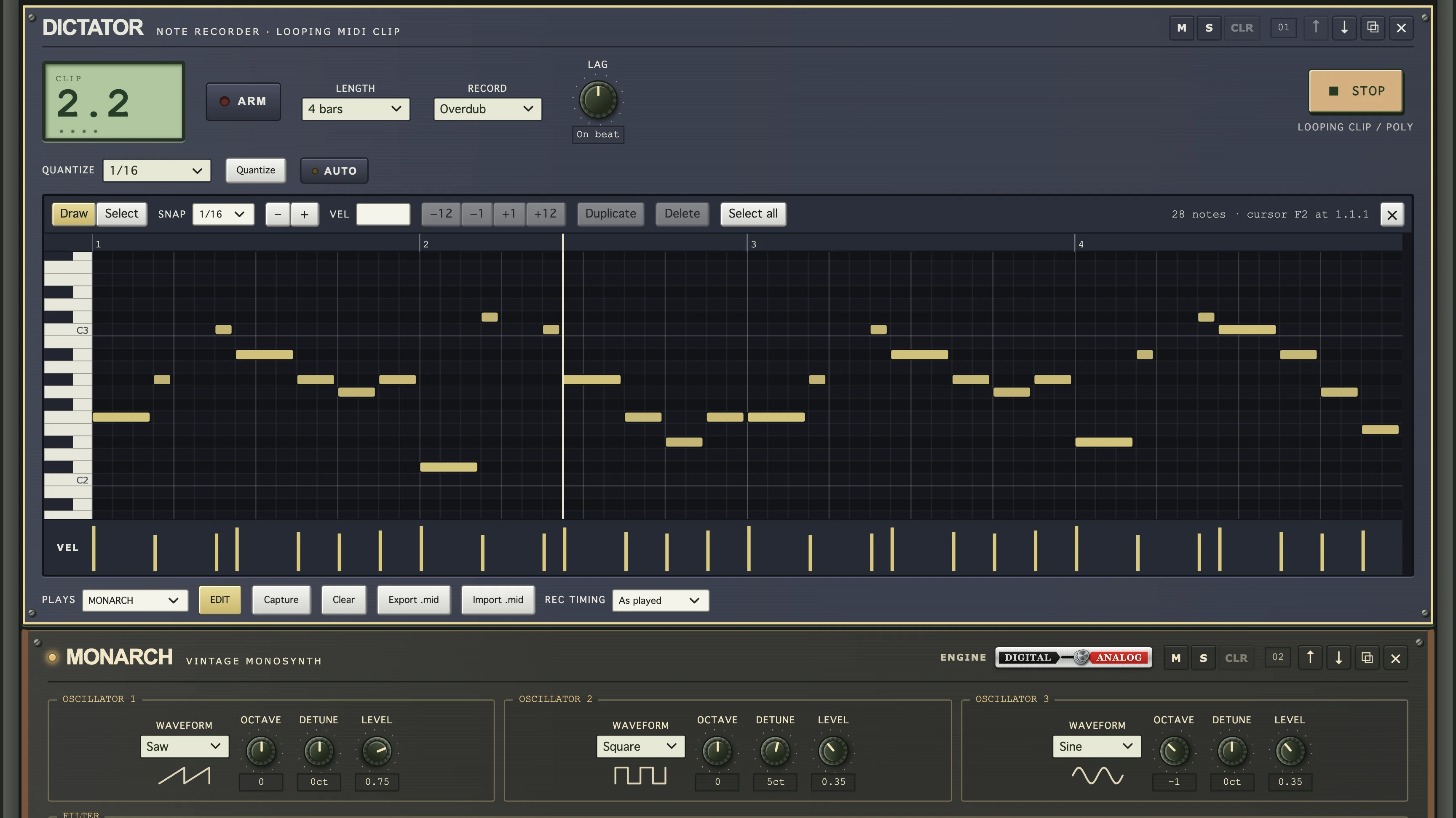 DICTATOR piano roll editing a four-bar clip that plays MONARCH