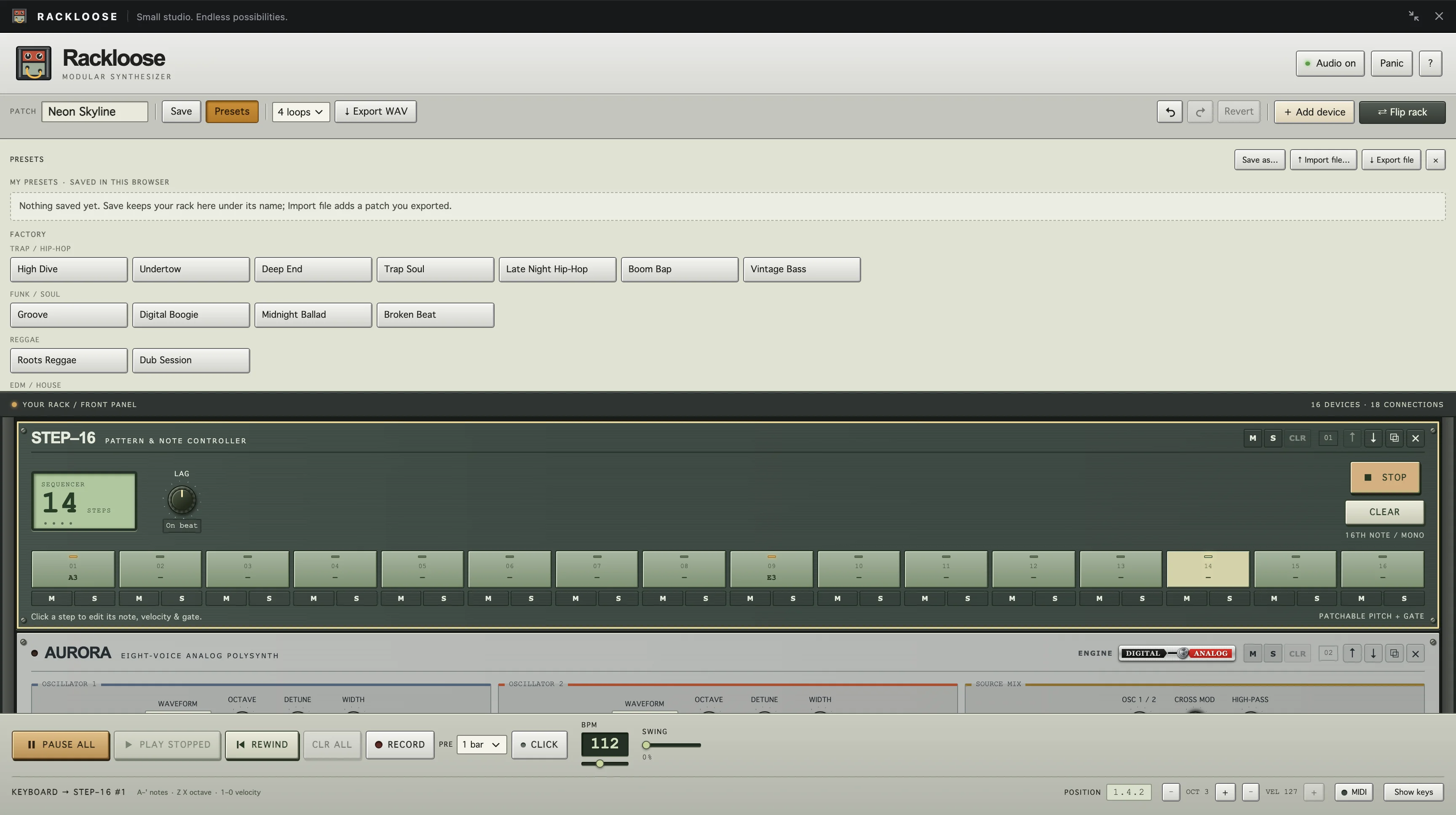 Rackloose Presets panel with factory presets grouped by style above the rack