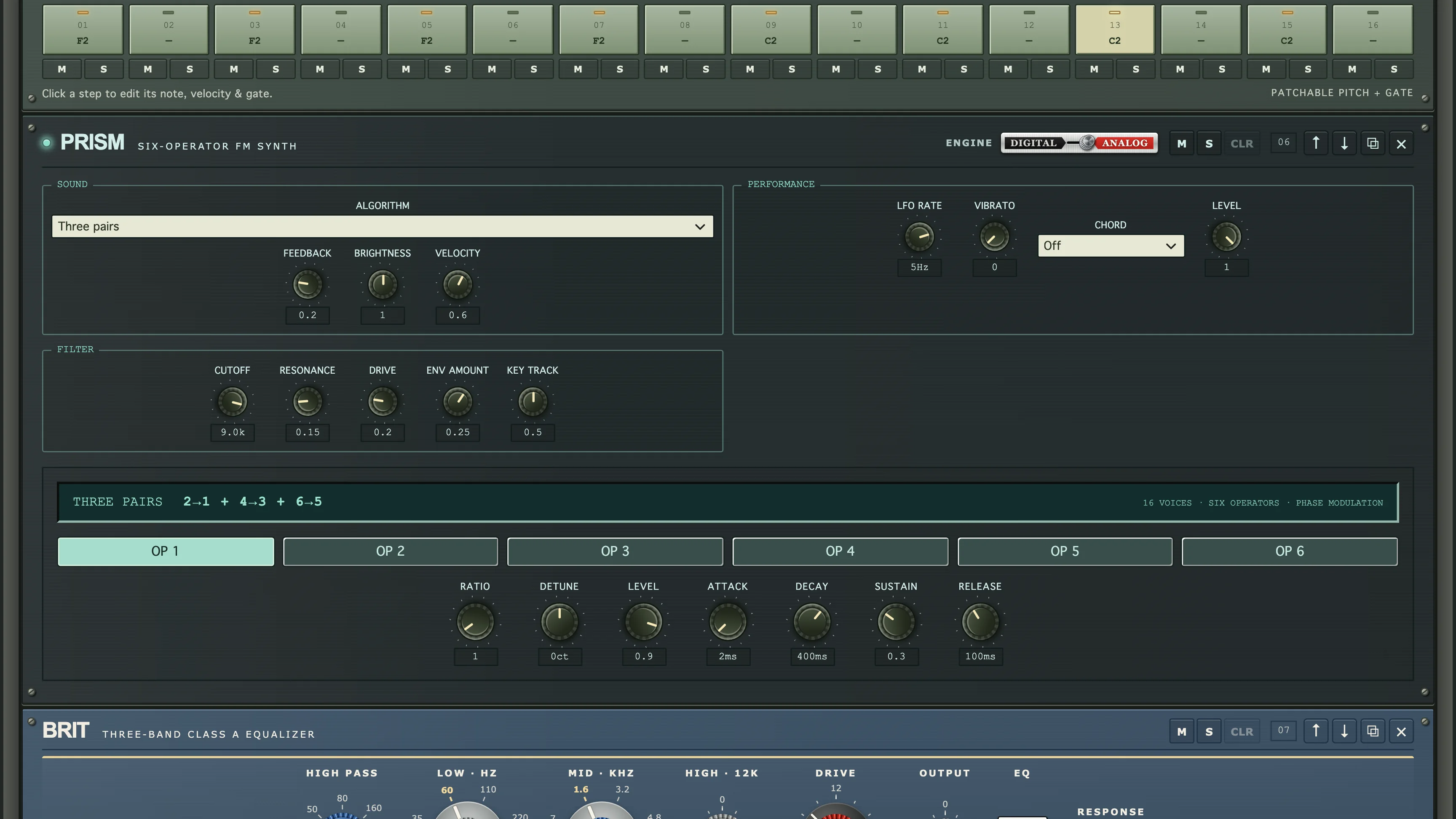 PRISM six-operator FM synth with its algorithm and operator controls