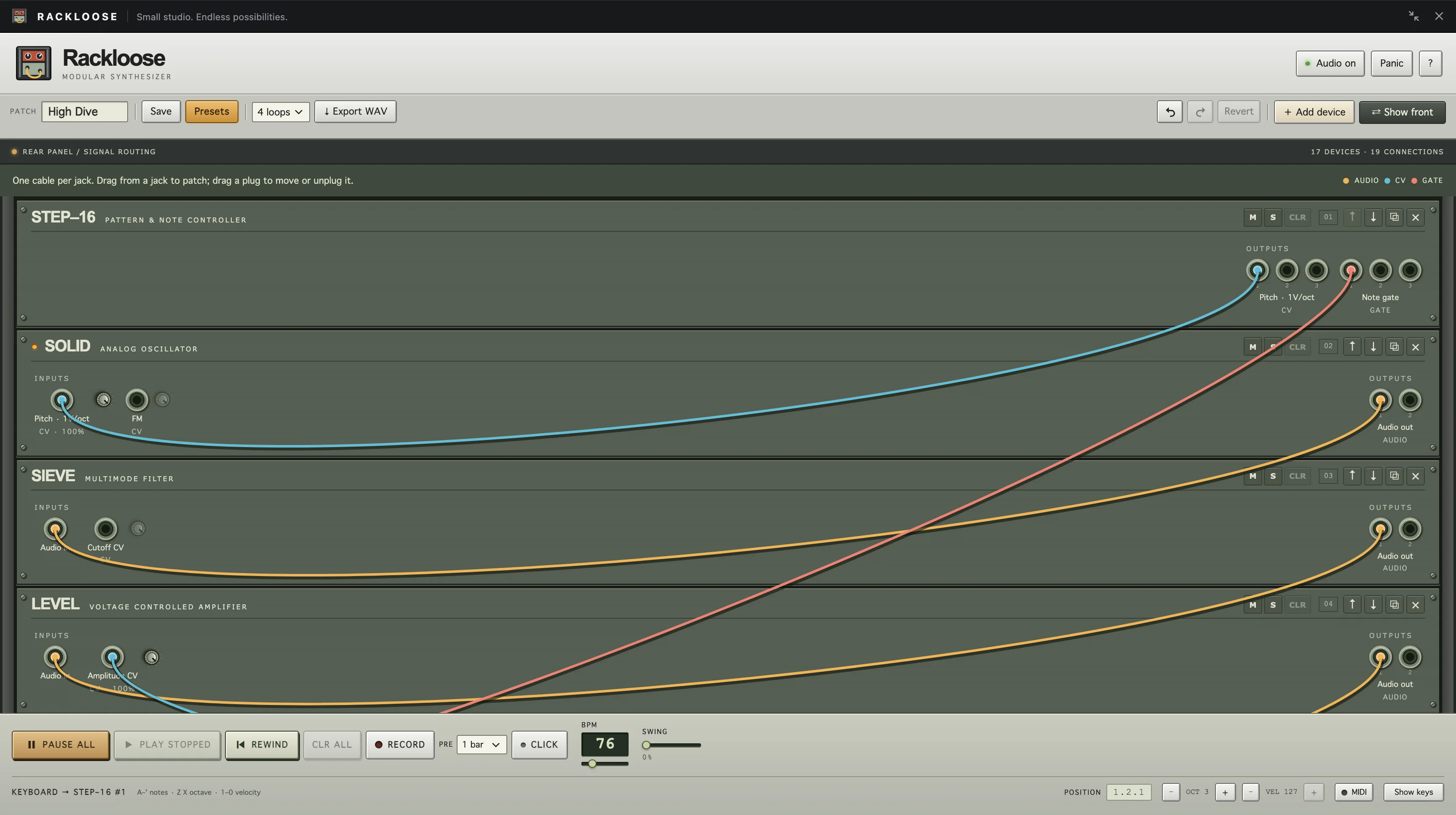 Rackloose rear panel for the High Dive preset with STEP–16, SOLID, SIEVE, and LEVEL patched