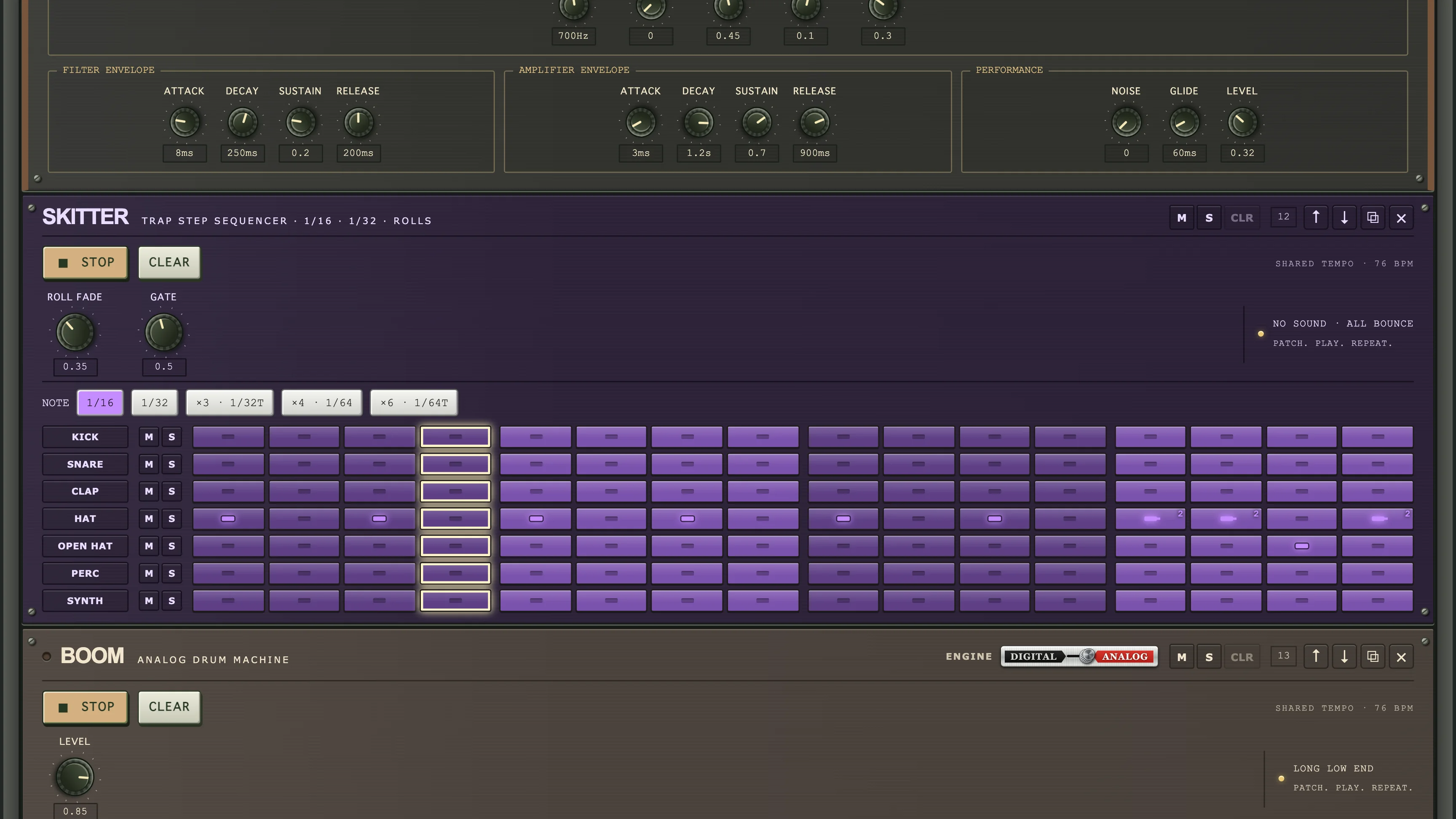 SKITTER trap step sequencer with kick, snare, clap, and hat lanes