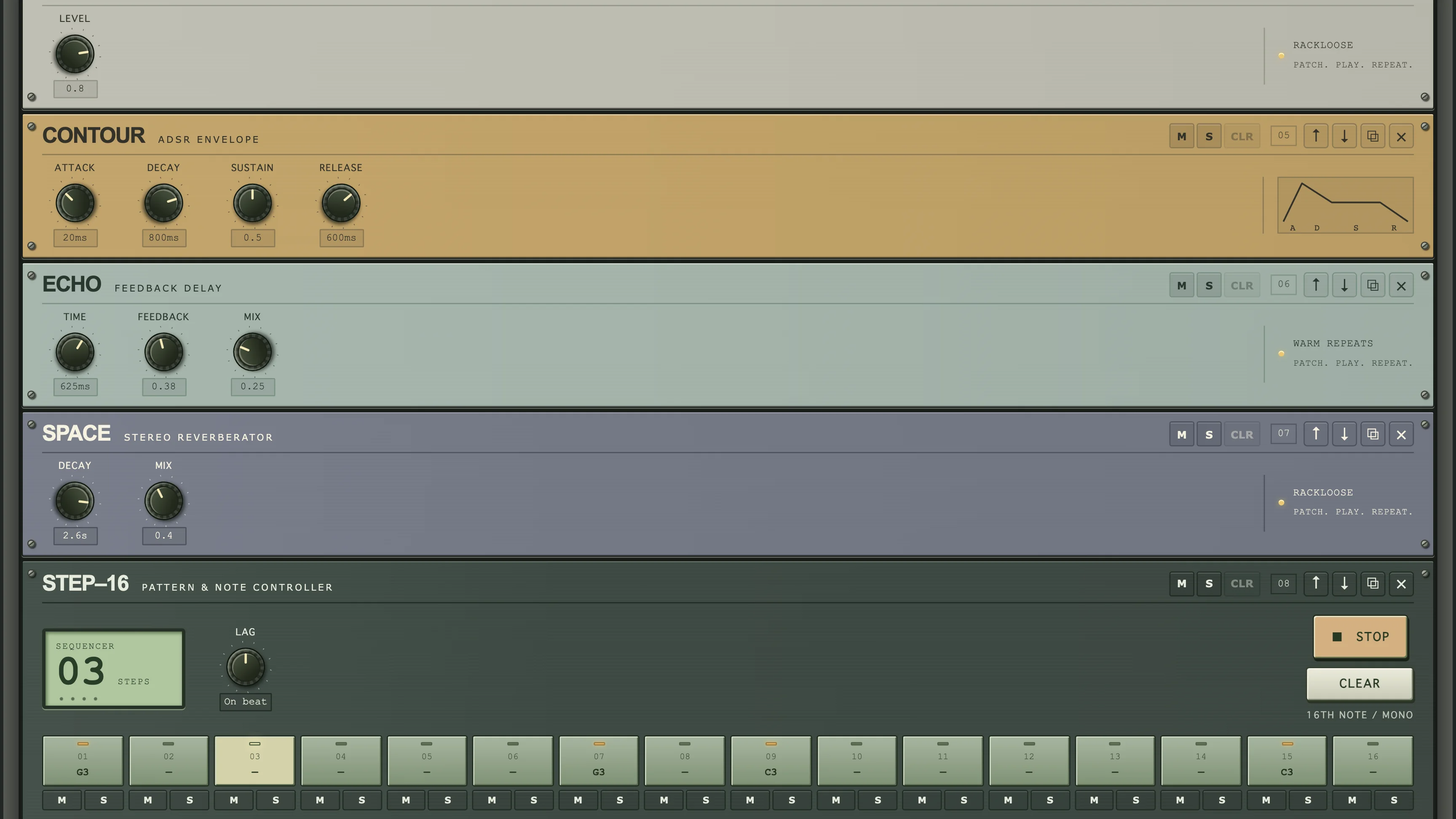 ECHO feedback delay and SPACE stereo reverb between CONTOUR and STEP–16