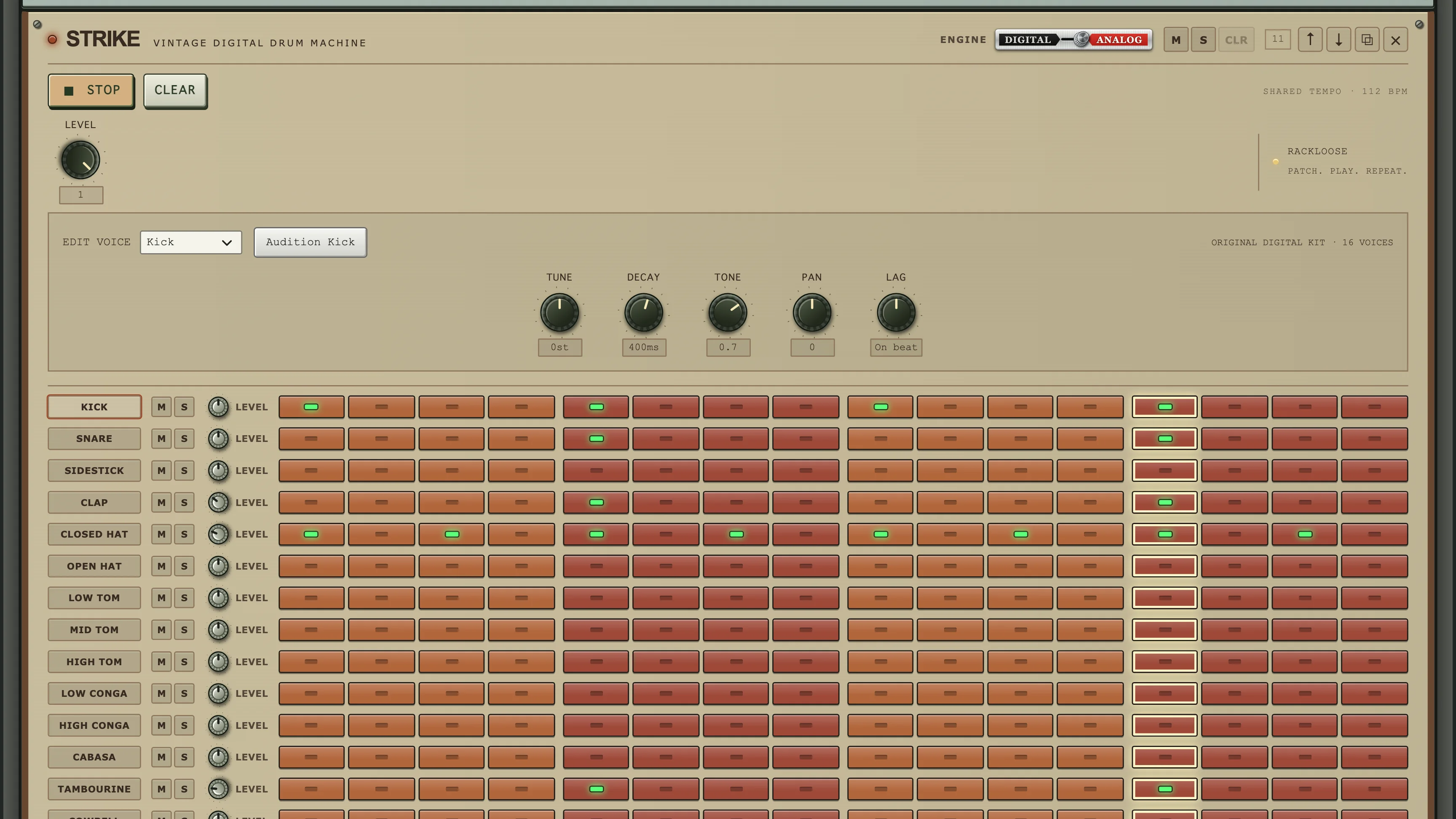 STRIKE digital drum machine with sixteen lanes of steps