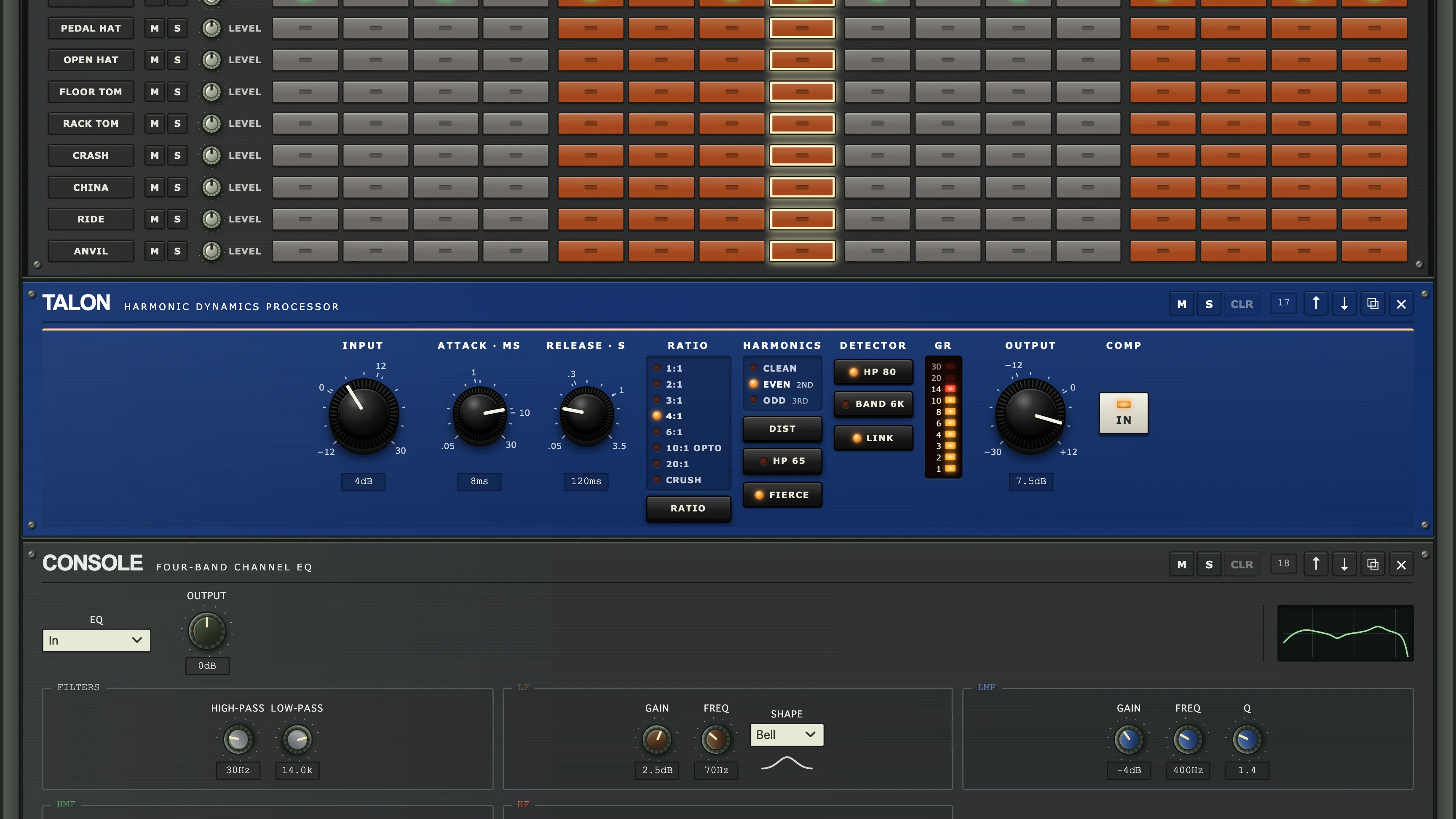 TALON harmonic compressor between FORGE’s step grid and the CONSOLE channel EQ