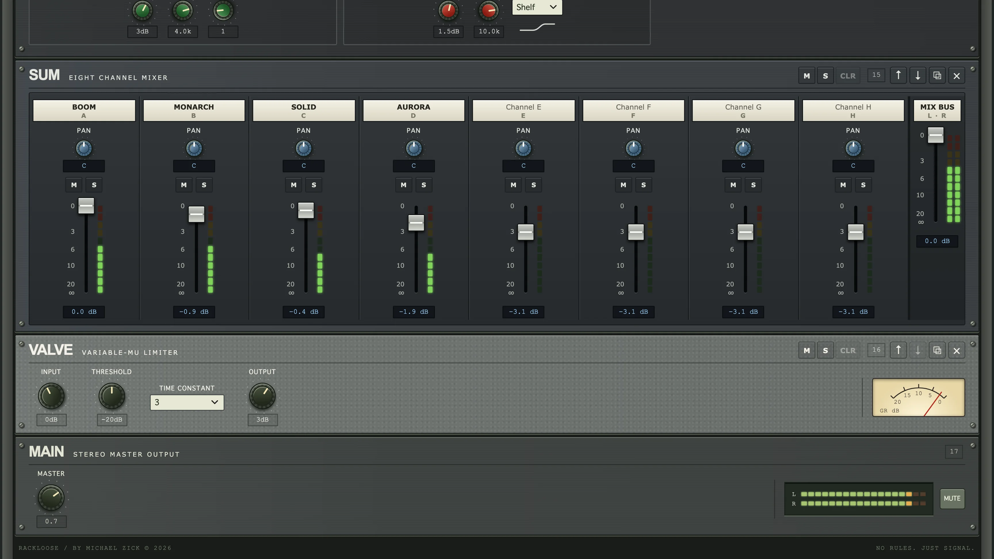 SUM mixer above the VALVE tube limiter and the MAIN output