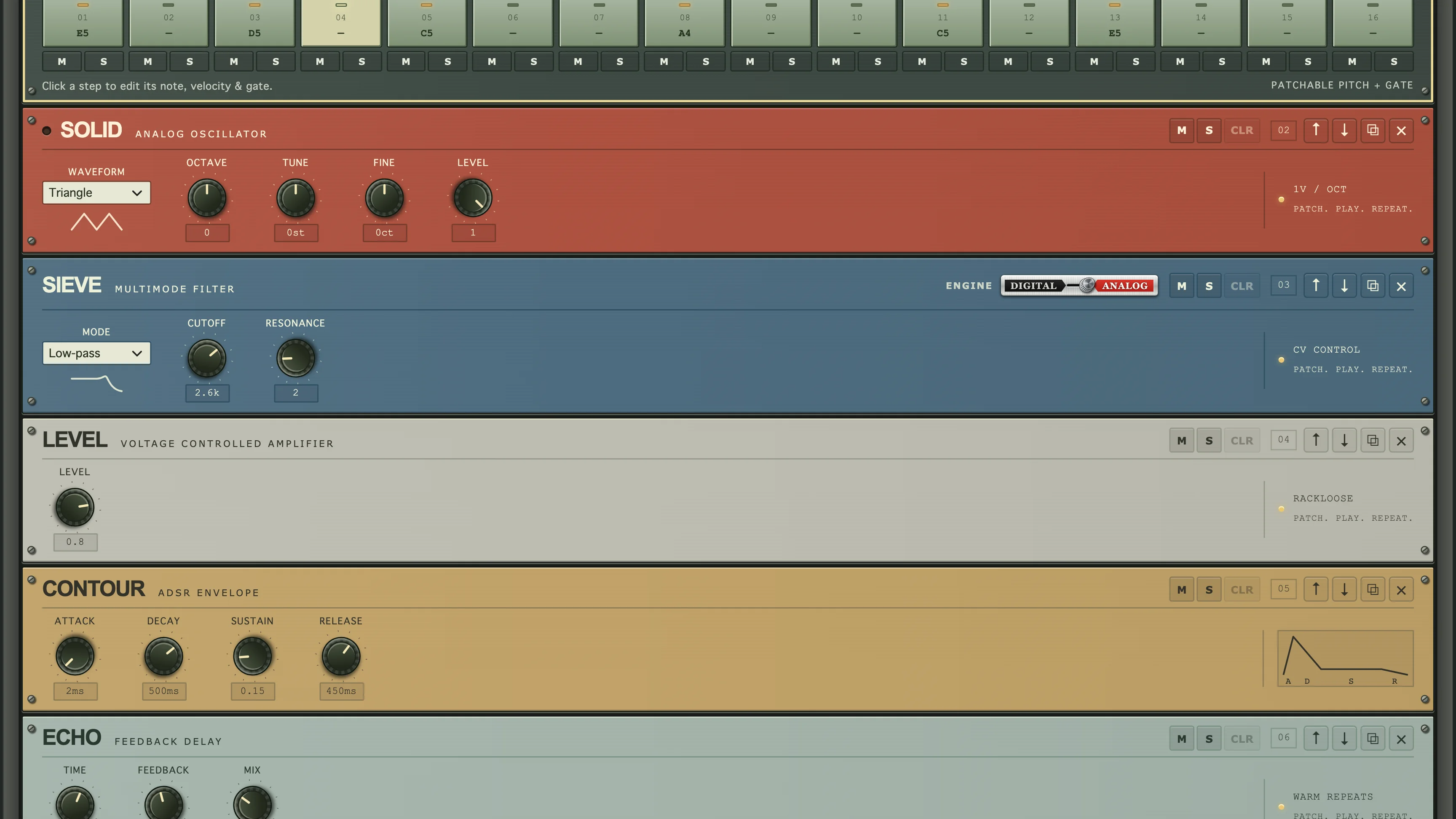 SOLID oscillator, SIEVE filter, LEVEL amplifier, and CONTOUR envelope on the front panel