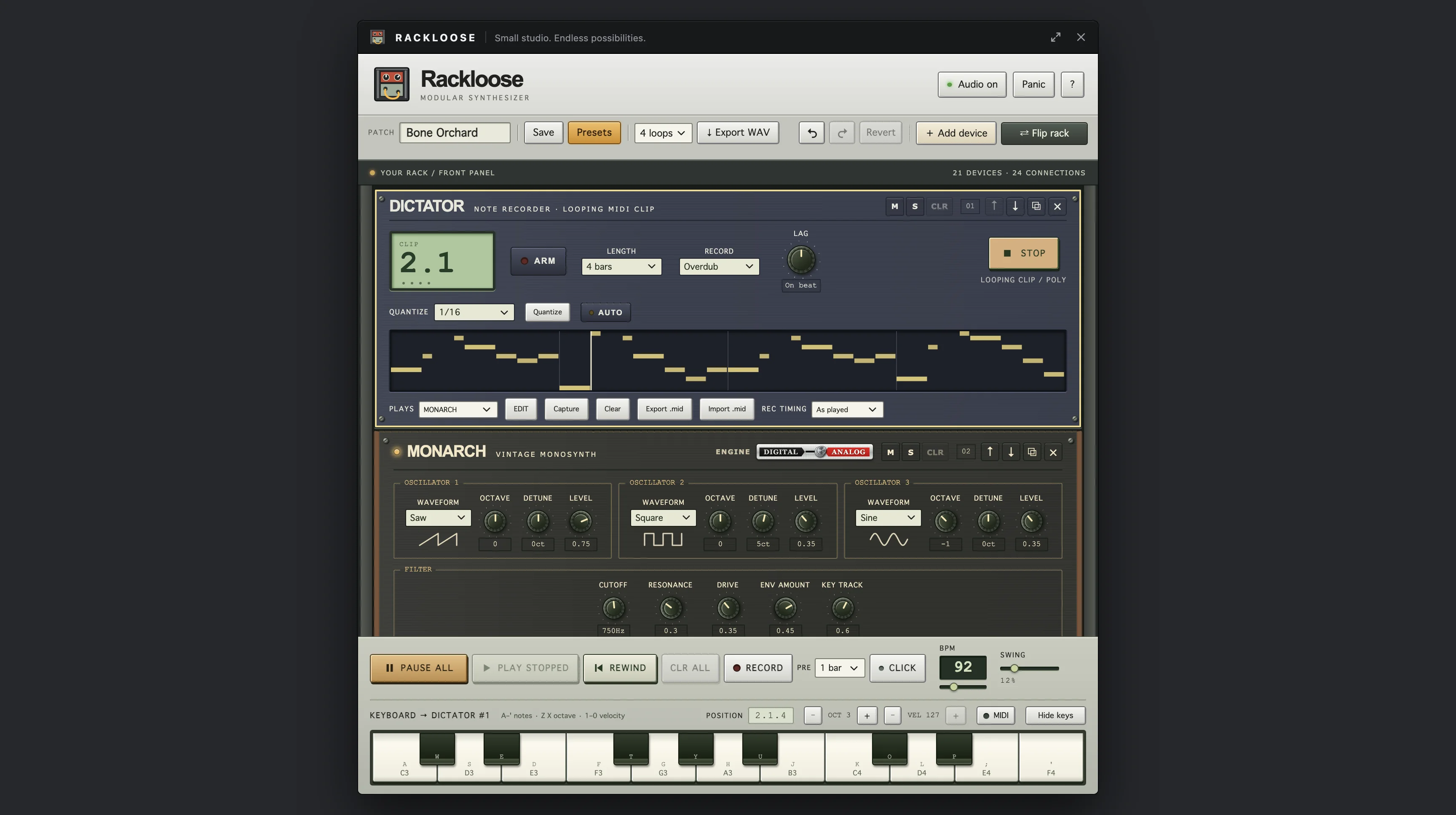 Rackloose in windowed mode playing Bone Orchard, with DICTATOR and MONARCH above the transport and keyboard