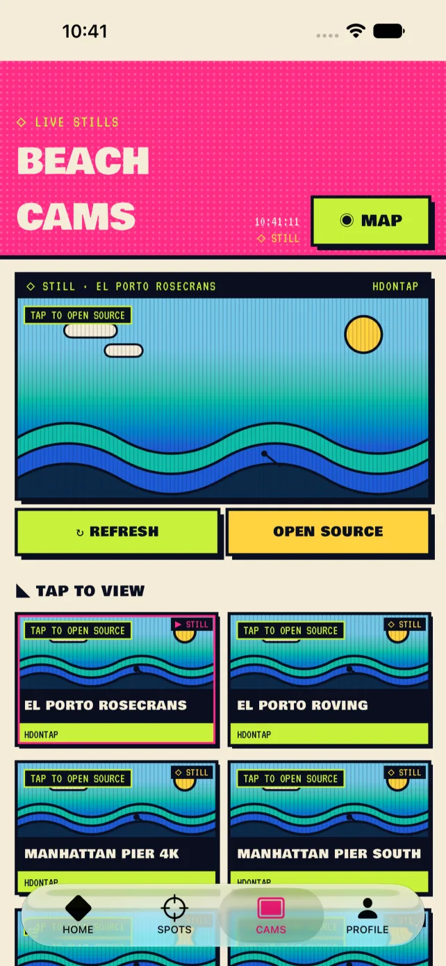 Beach Cams screen with live stills and refresh controls