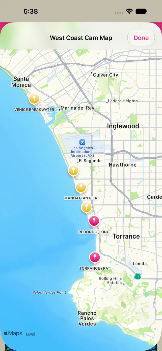 Map of West Coast surf spots, zoomed to the pins along the Los Angeles coastline