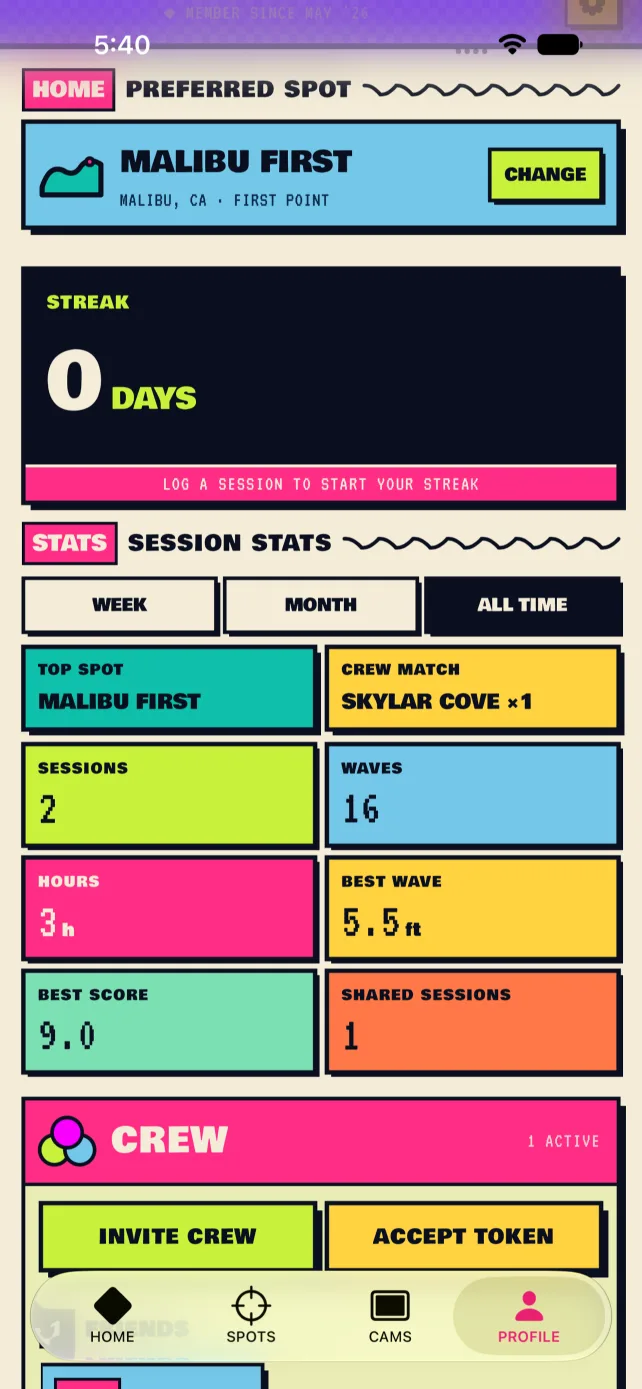 Profile screen with session stats, streak, and crew